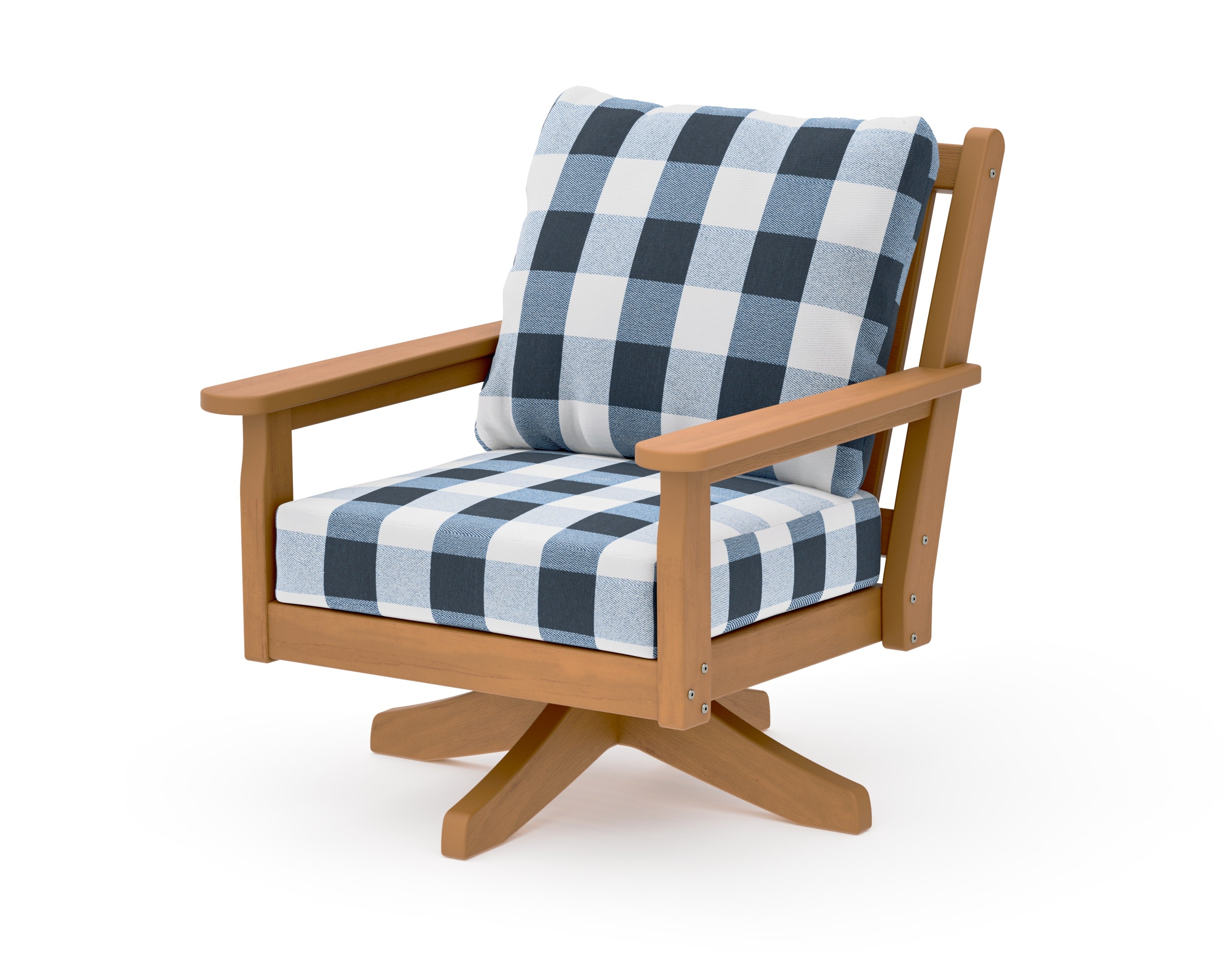 Chippendale Deep Seating Swivel Chair in Natural / Buffalo Plaid Marine Indigo