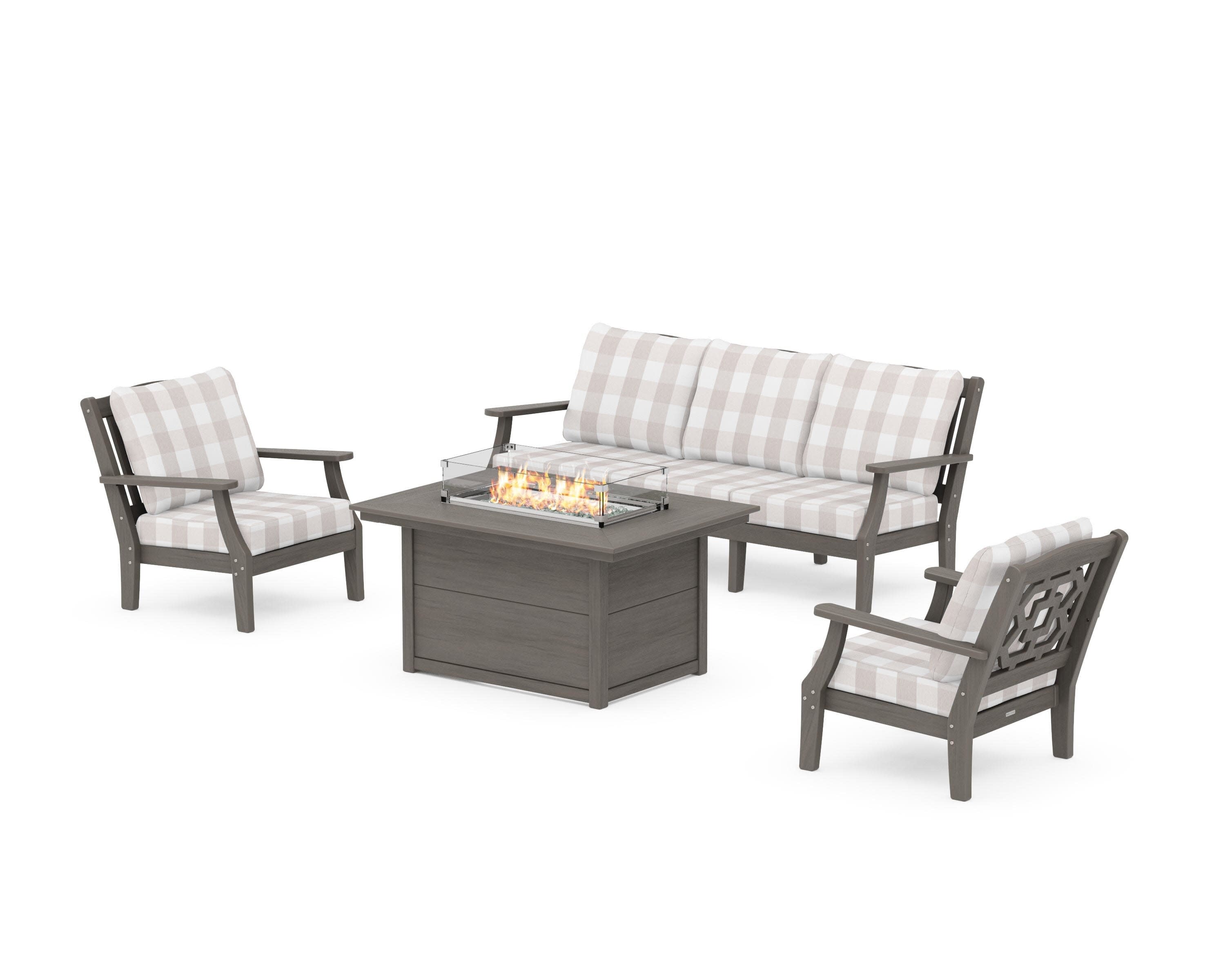 Chinoiserie Deep Seating Fire Pit Table Set in Driftwood / Buffalo Plaid Dune Burlap
