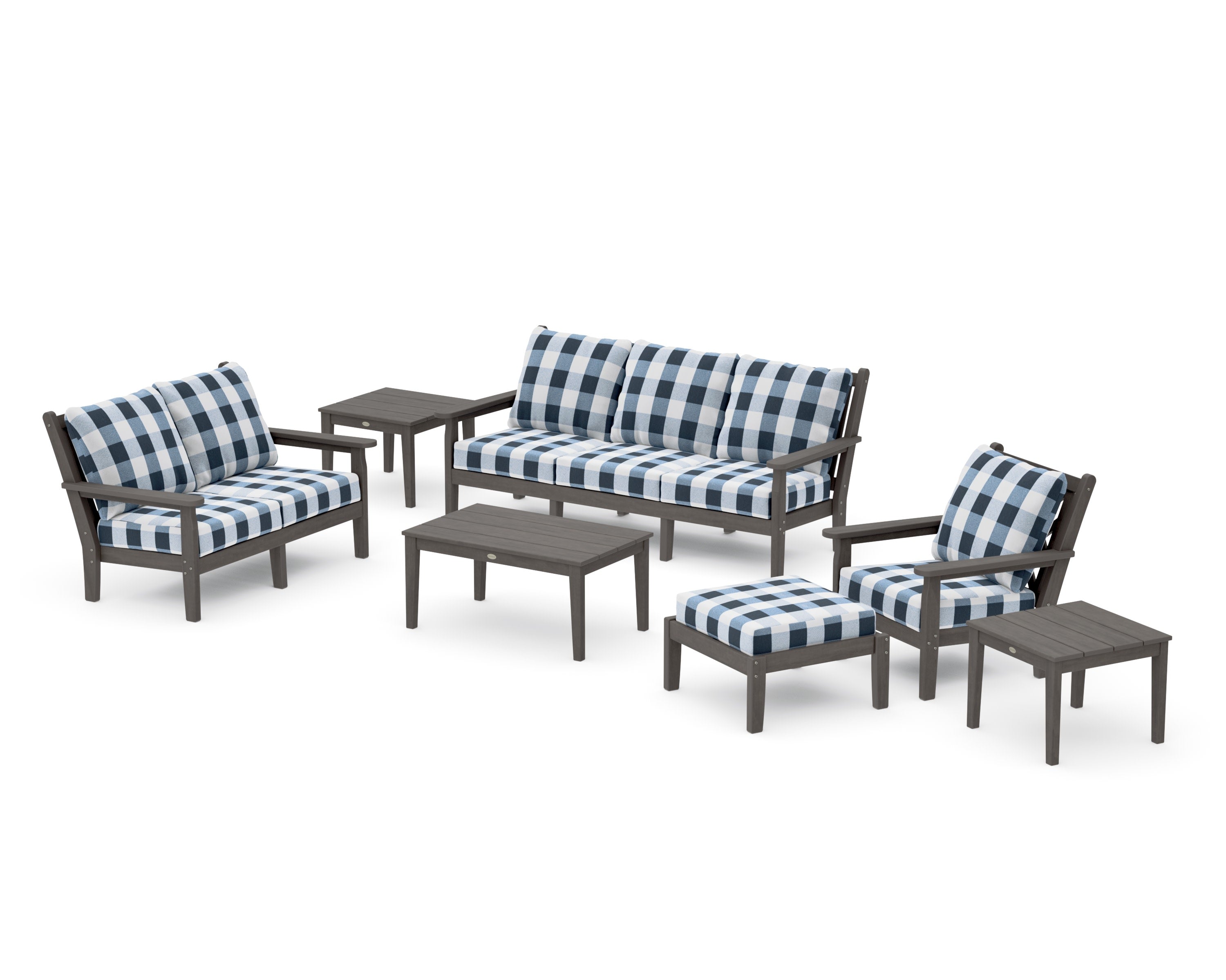 Chippendale 7-Piece Deep Seating Set in Driftwood / Buffalo Plaid Marine Indigo