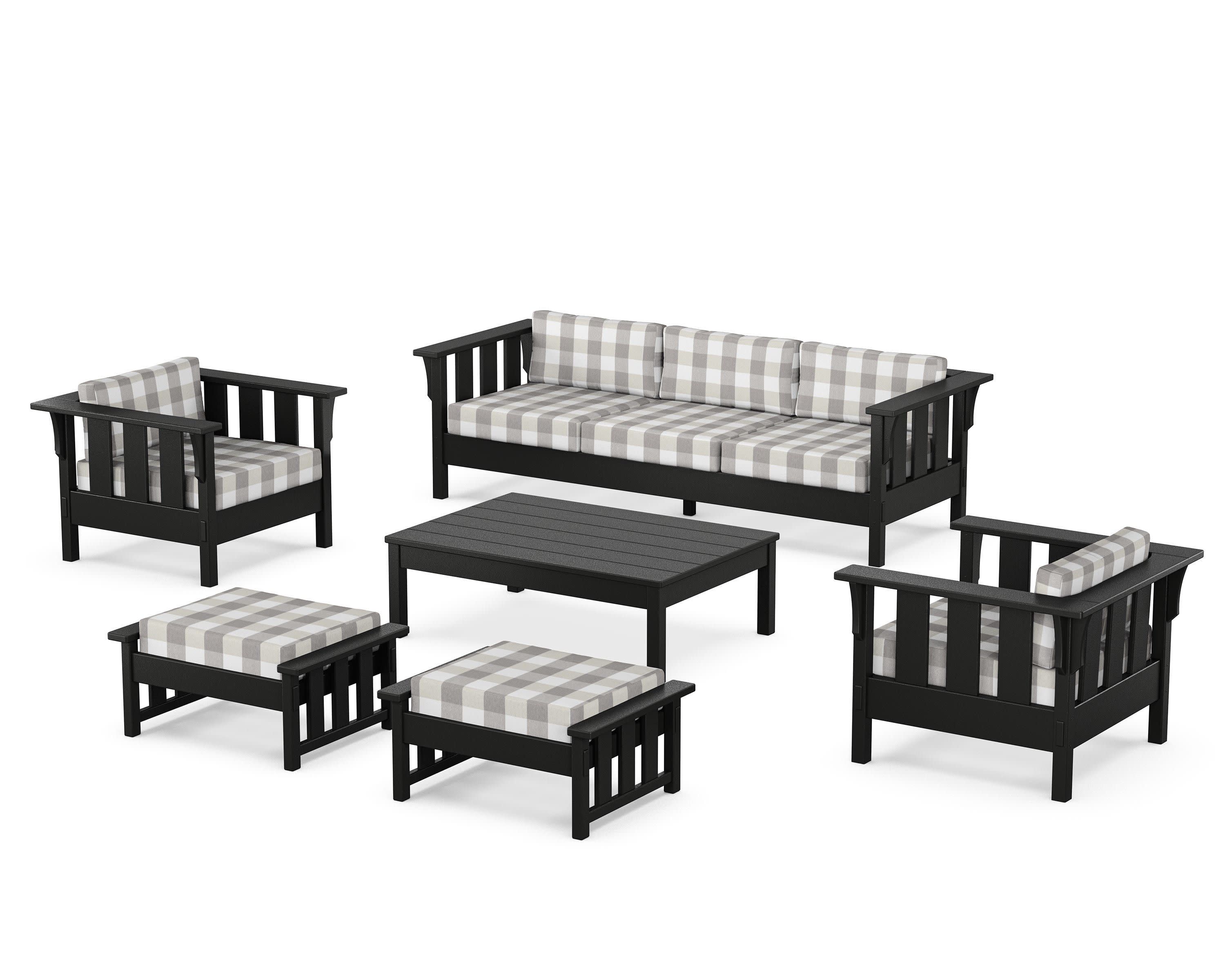 Acadia 6-Piece Lounge Sofa Set in Black / Buffalo Plaid Grey Mist