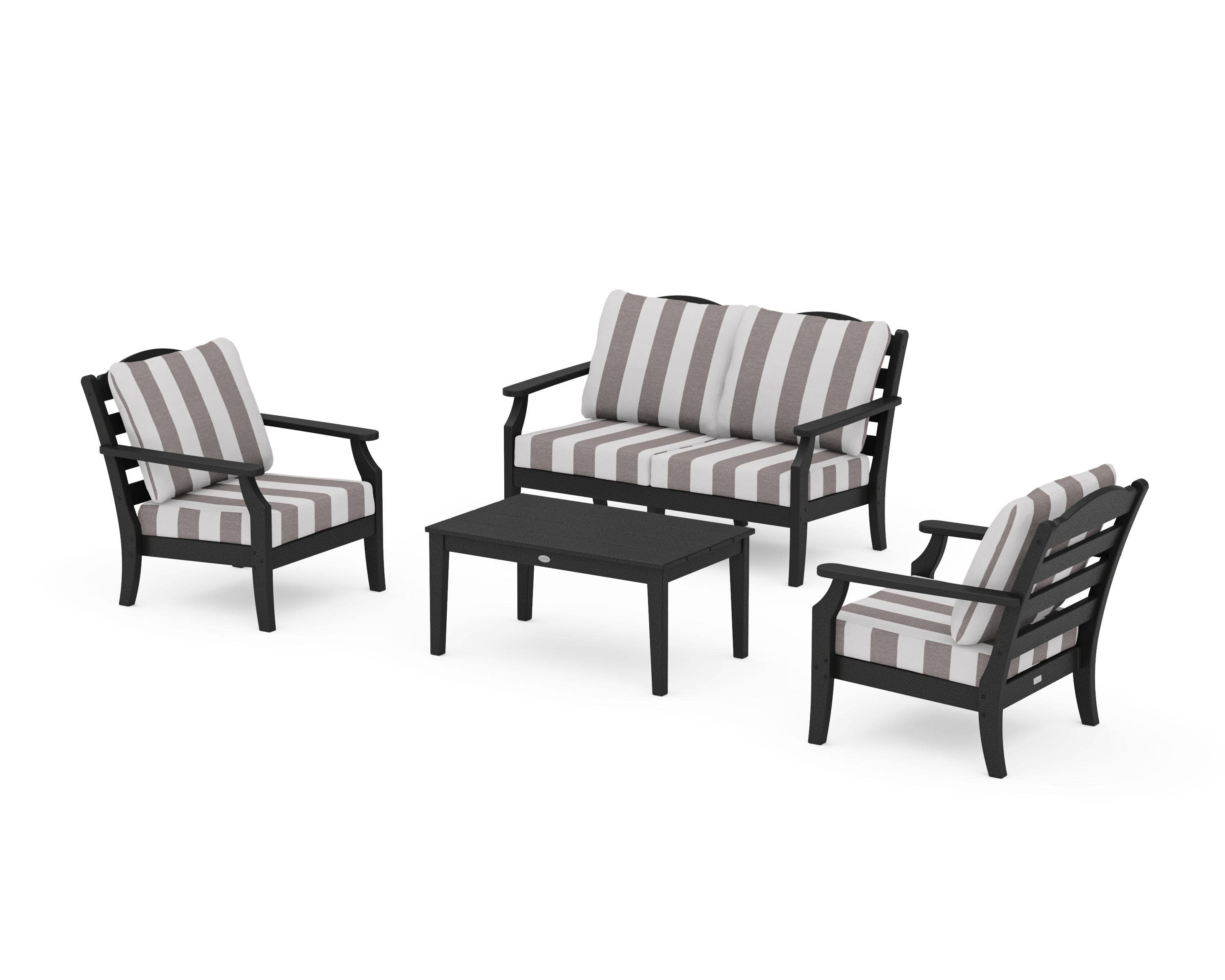 Savannah 4-Piece Deep Seating Set with Loveseat in Black / Cabana Stripe Grey Mist