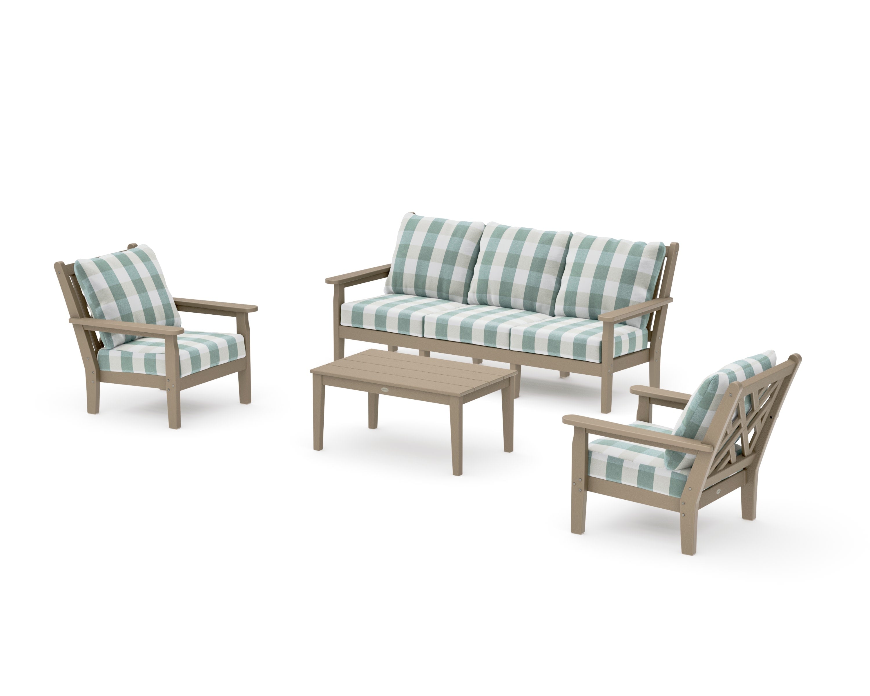 Chippendale 4-Piece Deep Seating Set with Sofa in Vintage Sahara / Buffalo Plaid Glacier Spa