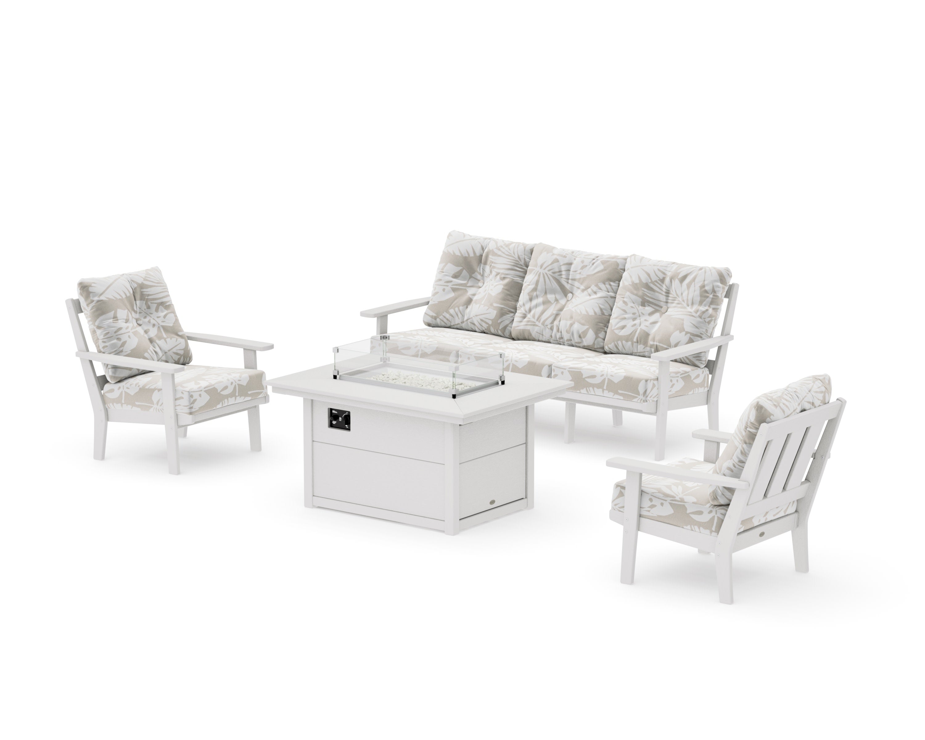 Oxford Deep Seating Fire Pit Table Set in Vintage White / Leaf Dune Burlap
