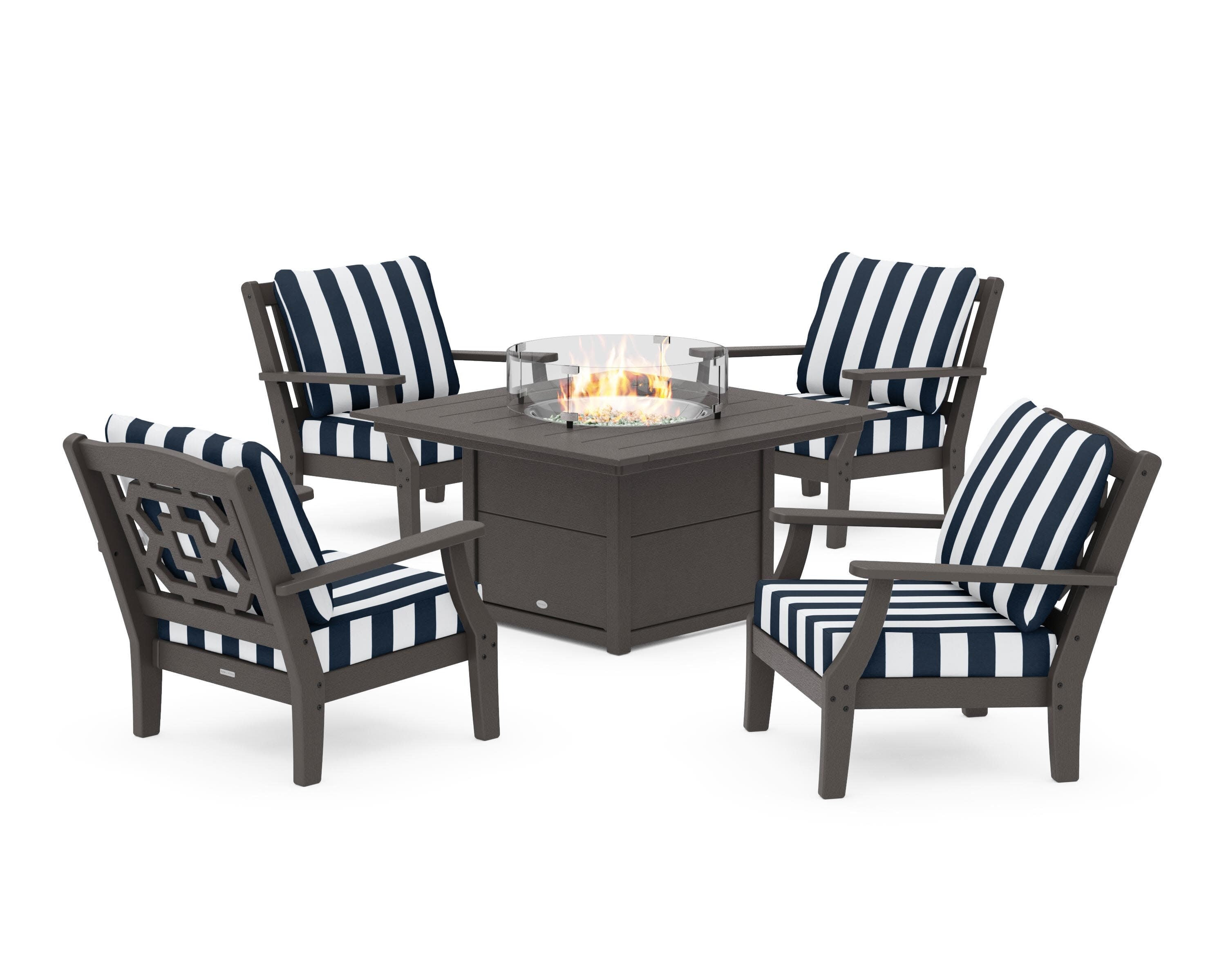 Chinoiserie 5-Piece Deep Seating Set with Fire Pit Table in Vintage Coffee / Cabana Stripe Marine Indigo