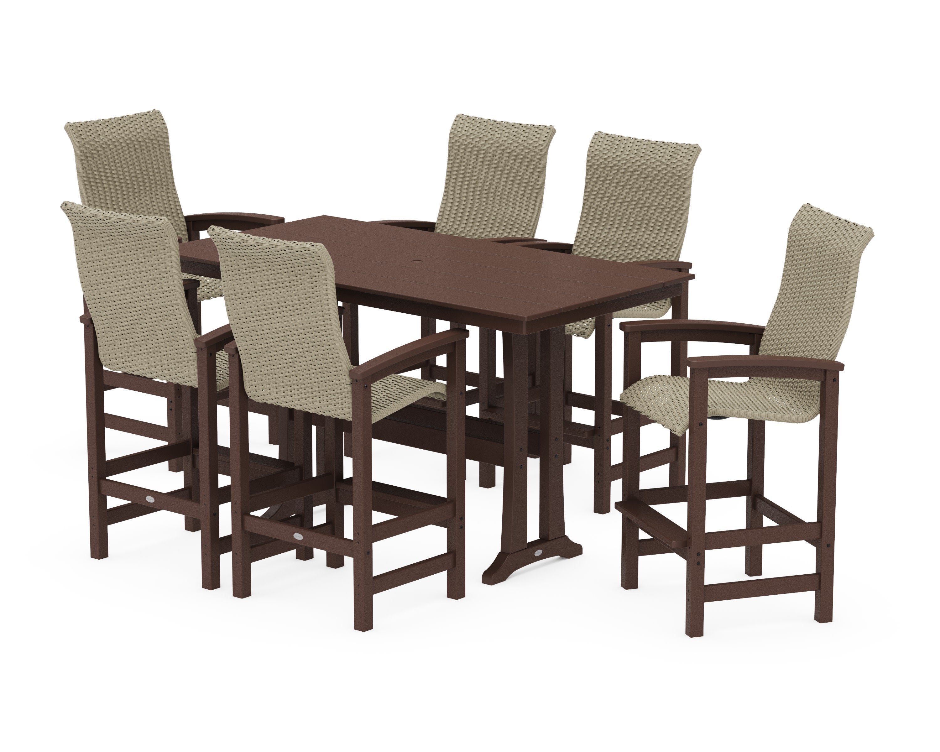 Coastal Woven High-Back Arm Chair 7-Piece Farmhouse Bar Set with Trestle Legs in Mahogany / Dune Grass