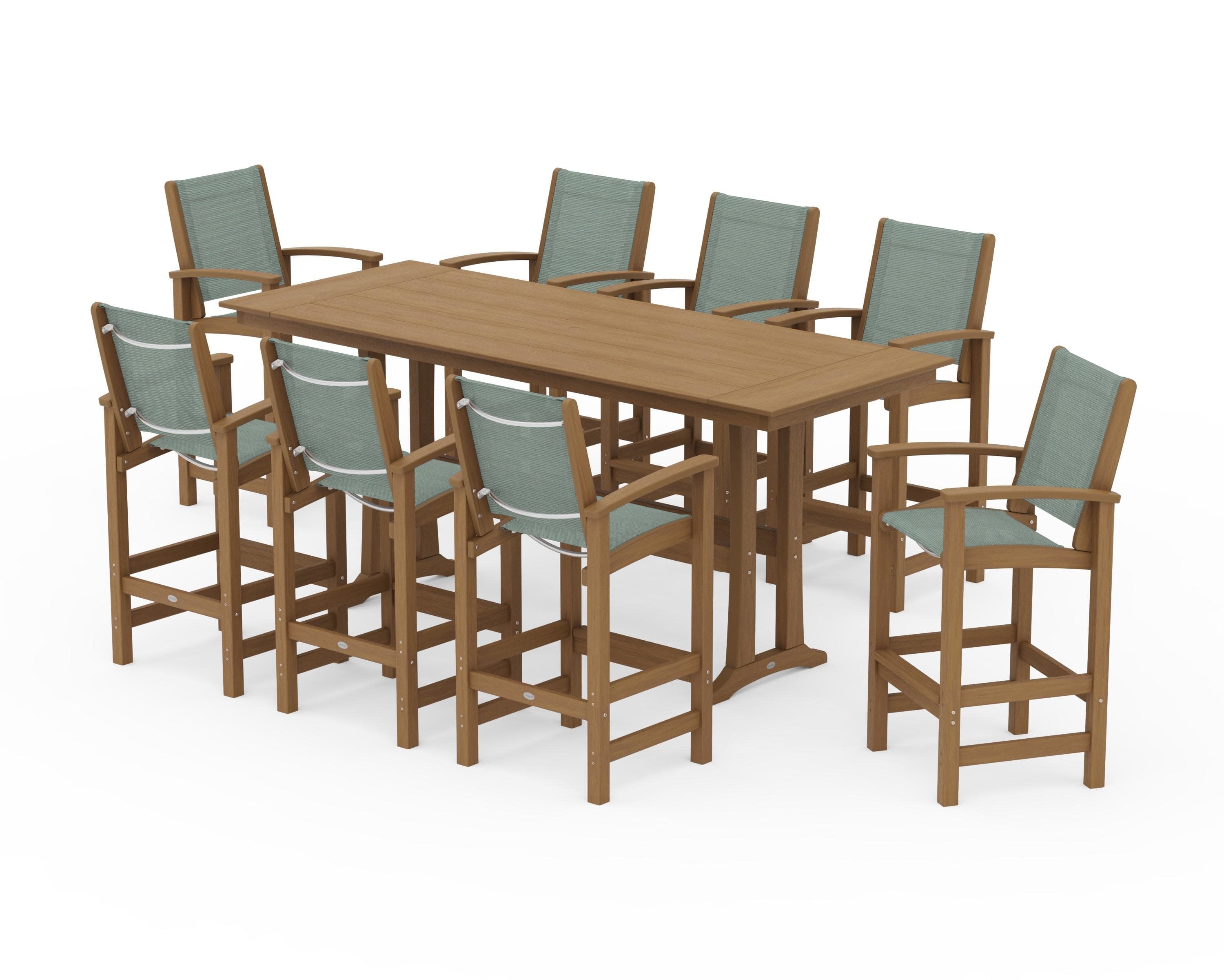Coastal 9-Piece Farmhouse Bar Set with Trestle Legs in Natural / Dupioni Sea Mist Sling