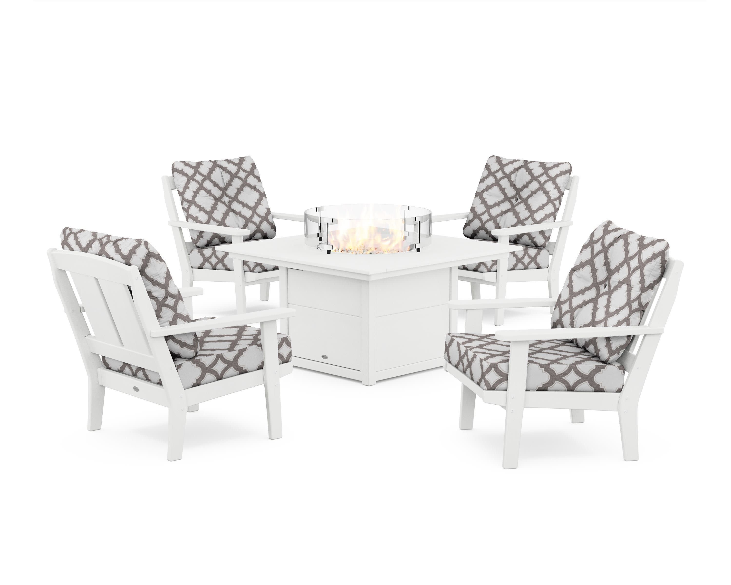 Mission 5-Piece Deep Seating Set with Fire Pit Table in White / Trellis Grey Mist