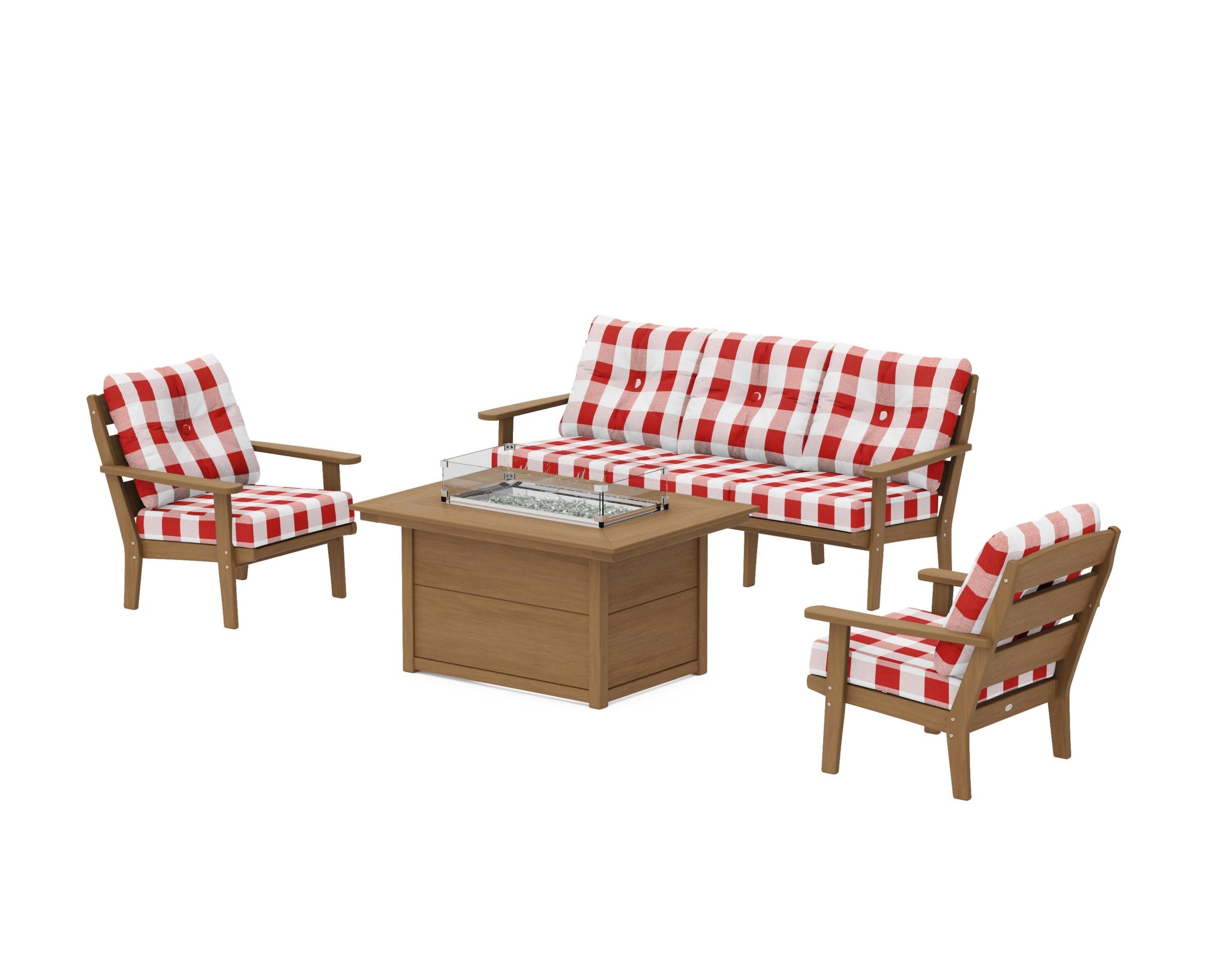Lakeside Deep Seating Fire Pit Table Set in Natural / Buffalo Plaid Crimson