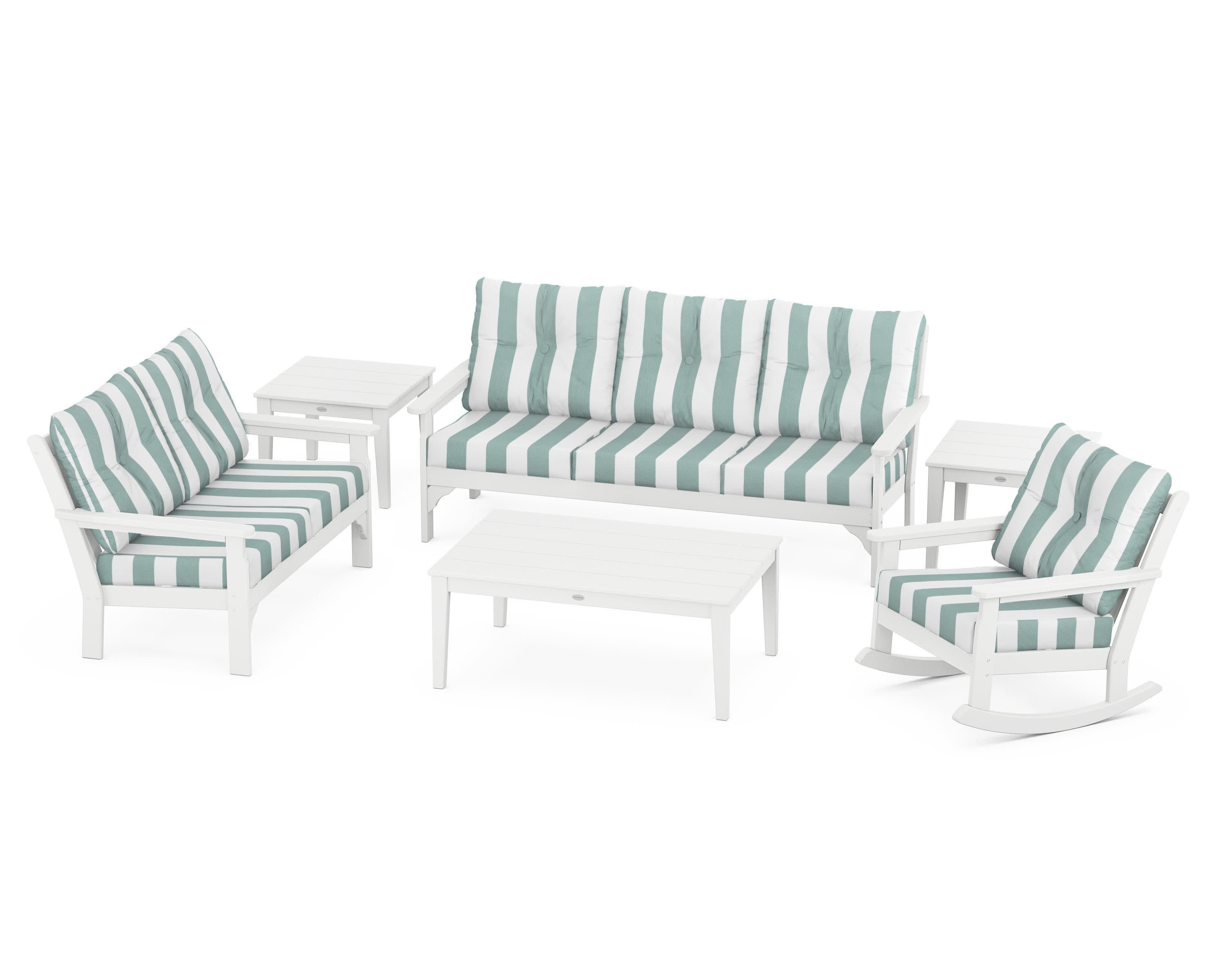 Vineyard 6-Piece Deep Seating Set in White / Cabana Stripe Glacier Spa