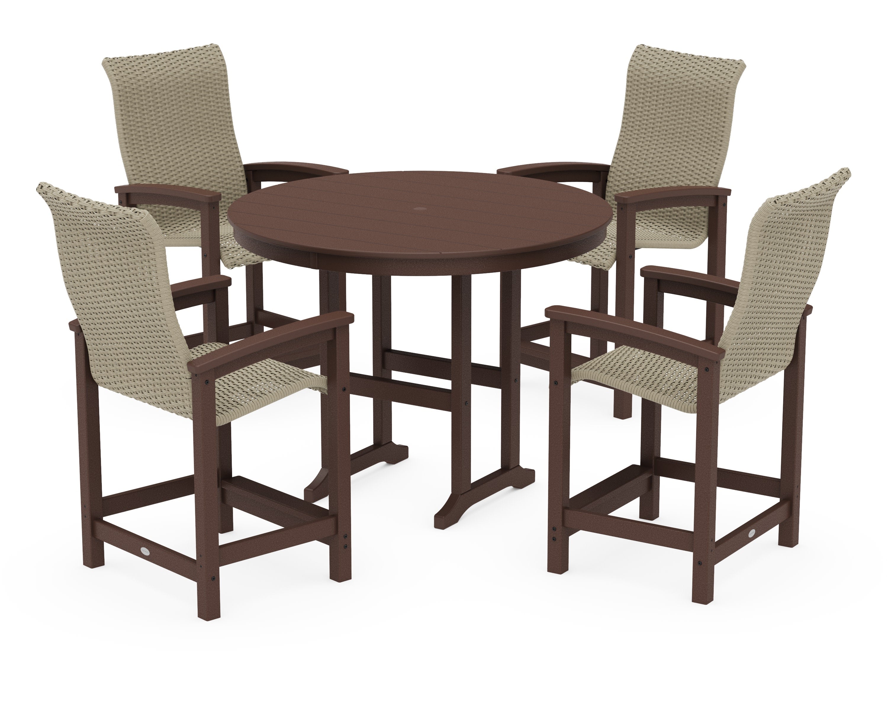 Coastal Woven High-Back 5-Piece Round Farmhouse Counter Set in Mahogany / Dune Grass