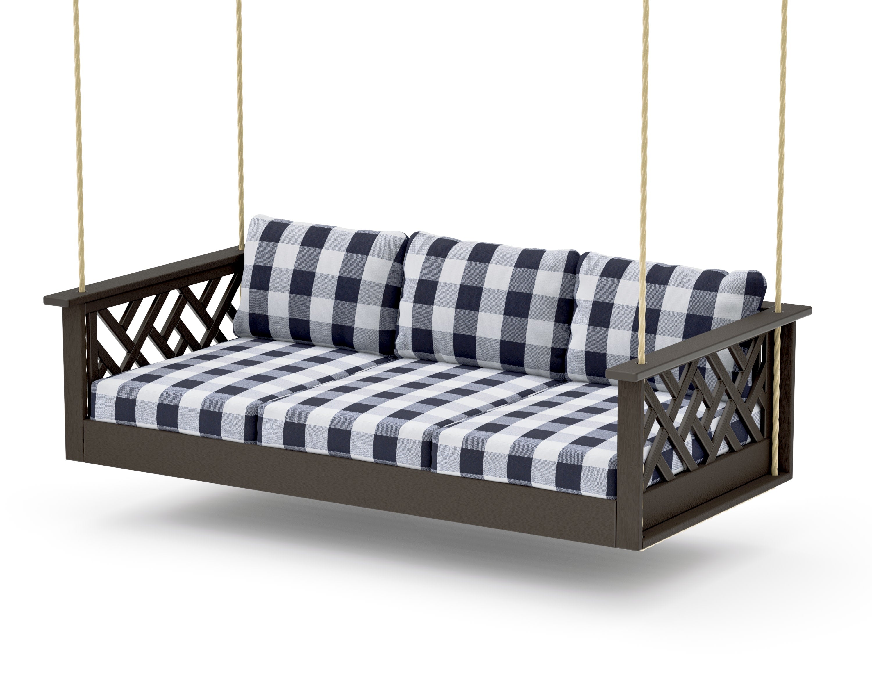 Chippendale Daybed Swing in Vintage Coffee / Buffalo Plaid Navy