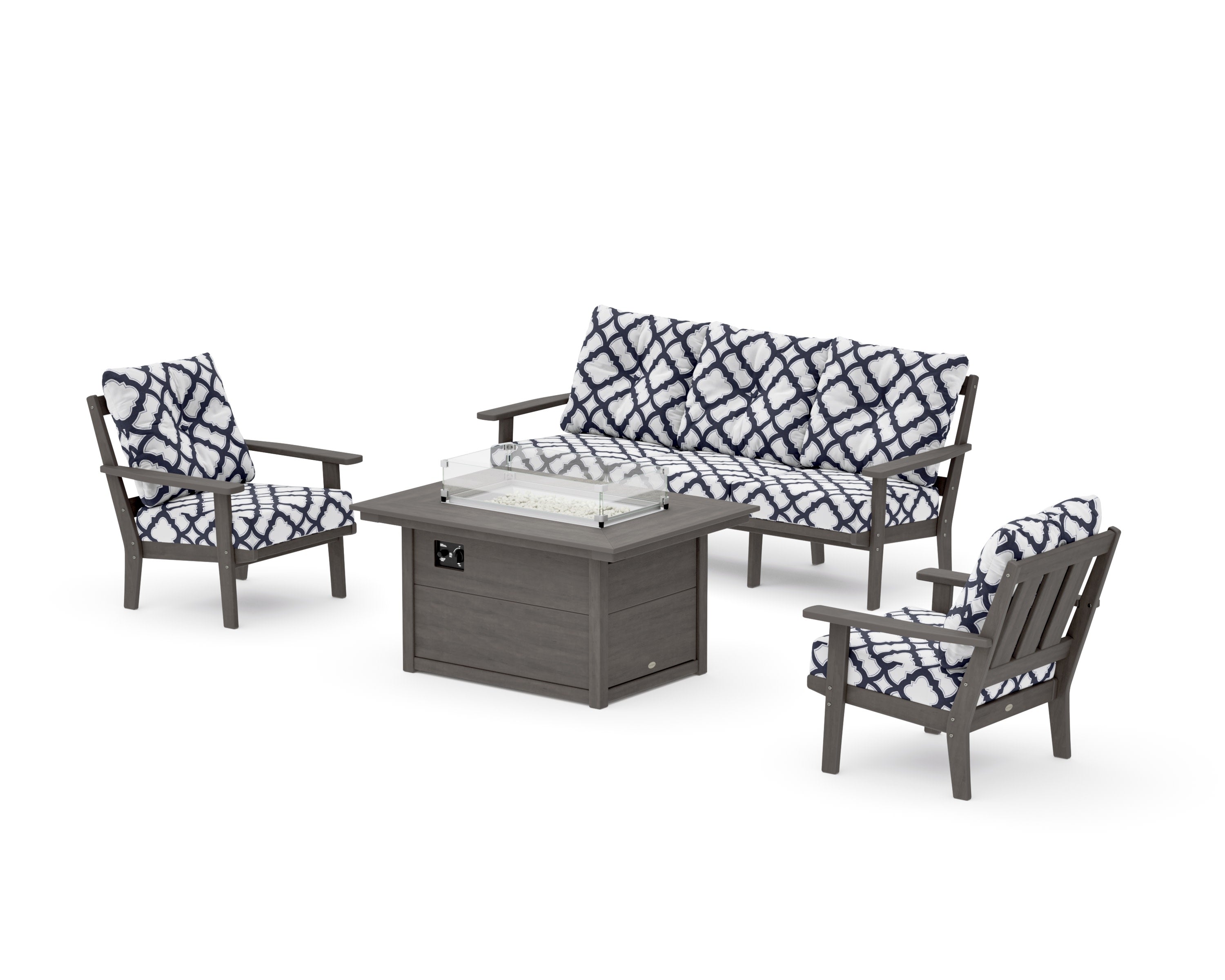 Oxford Deep Seating Fire Pit Table Set in Driftwood / Trellis Navy