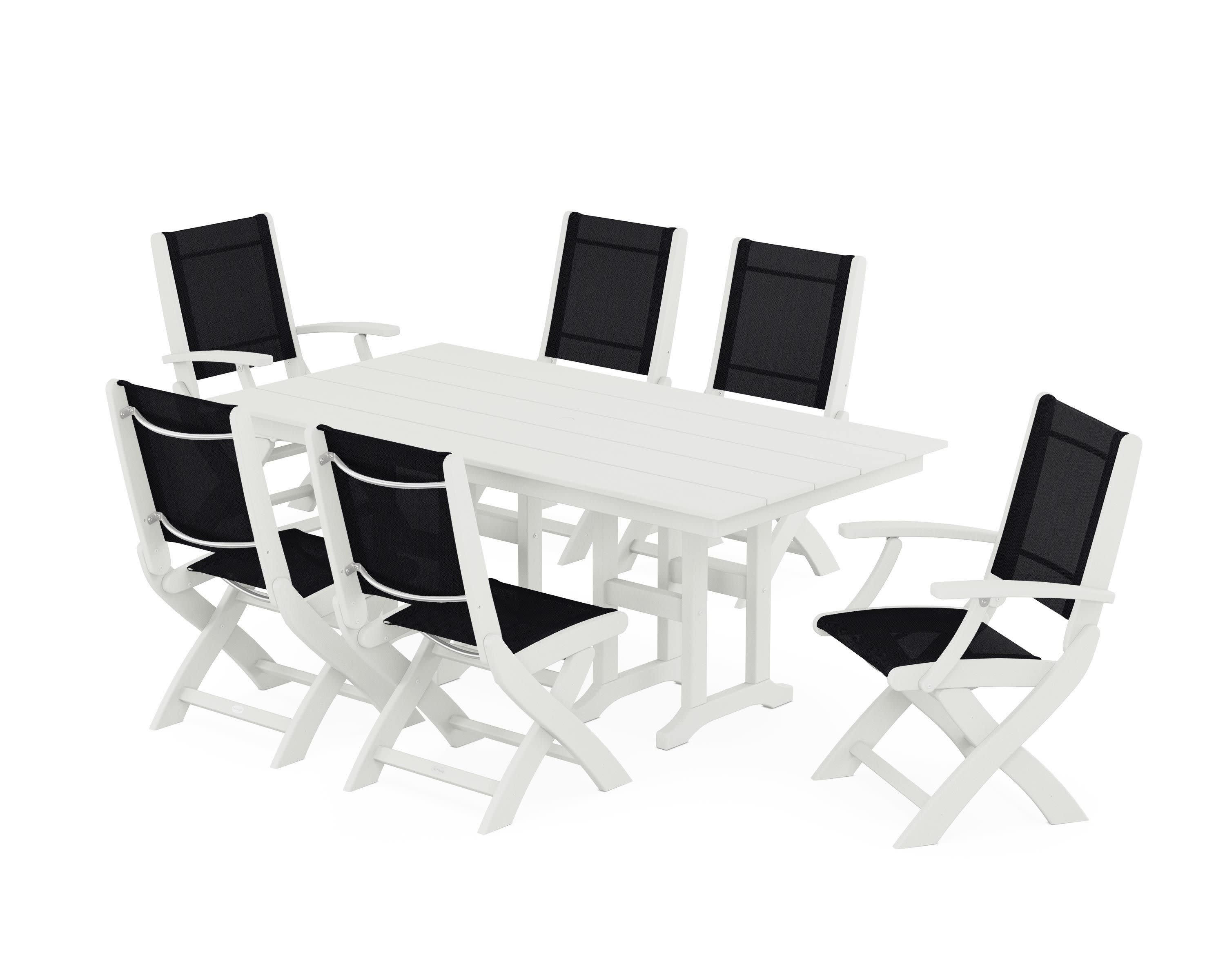 Coastal Folding Chair 7-Piece Farmhouse Dining Set in Vintage White / Black Sling