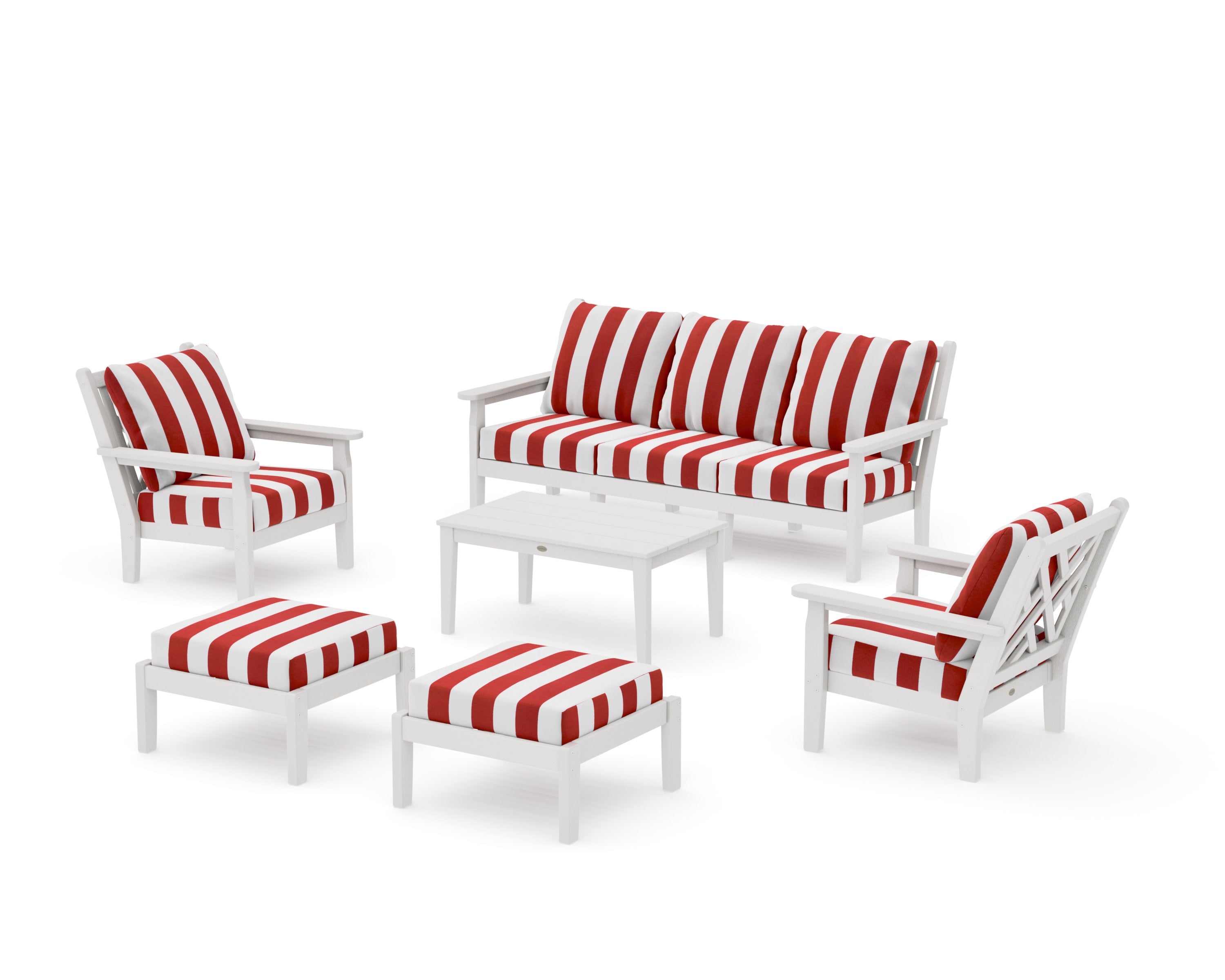 Chippendale 6-Piece Lounge Sofa Set in Vintage White / Cabana Stripe Crimson