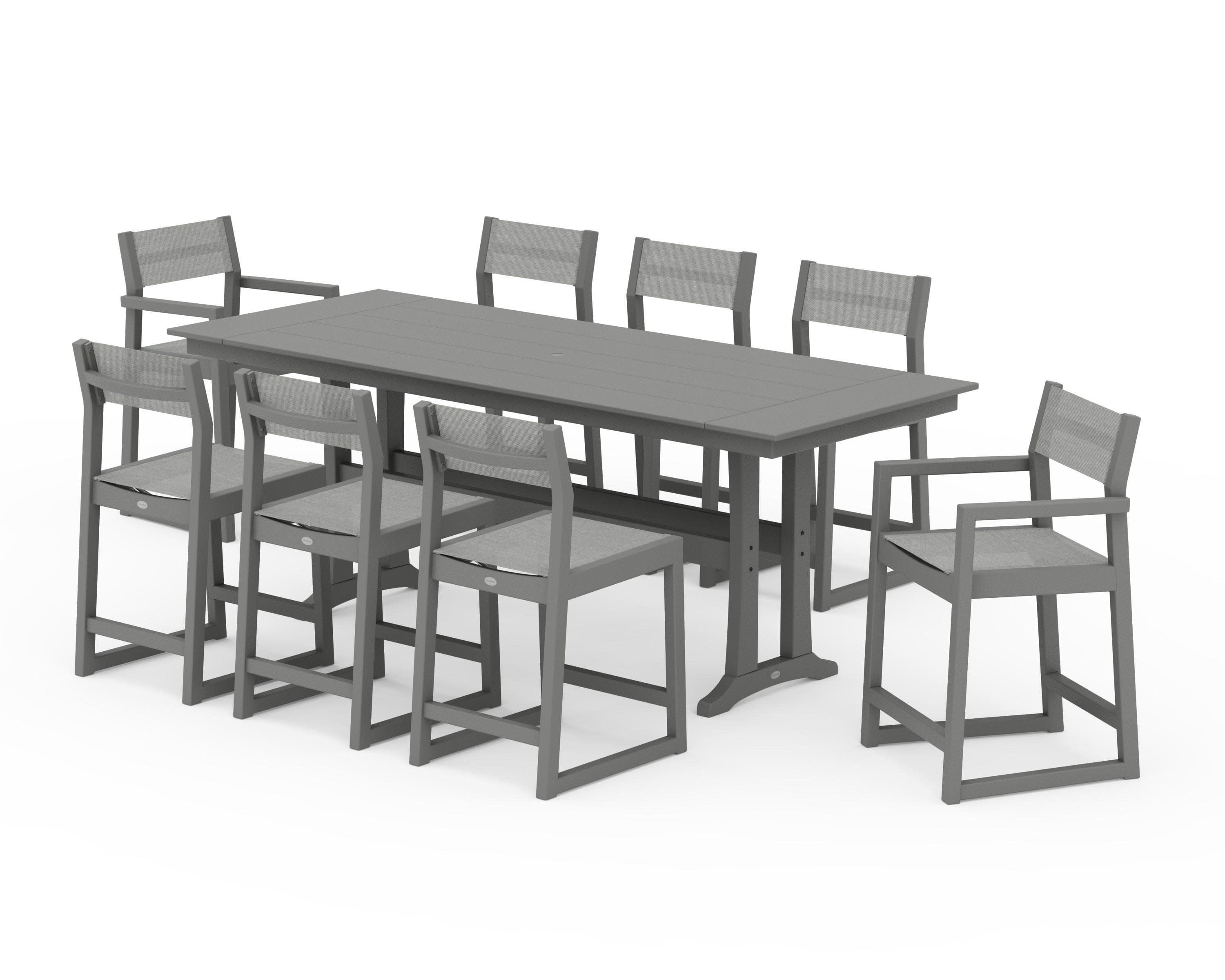 EDGE Sling 9-Piece Farmhouse Counter Set with Trestle Legs in Slate Grey / Metallic Sling