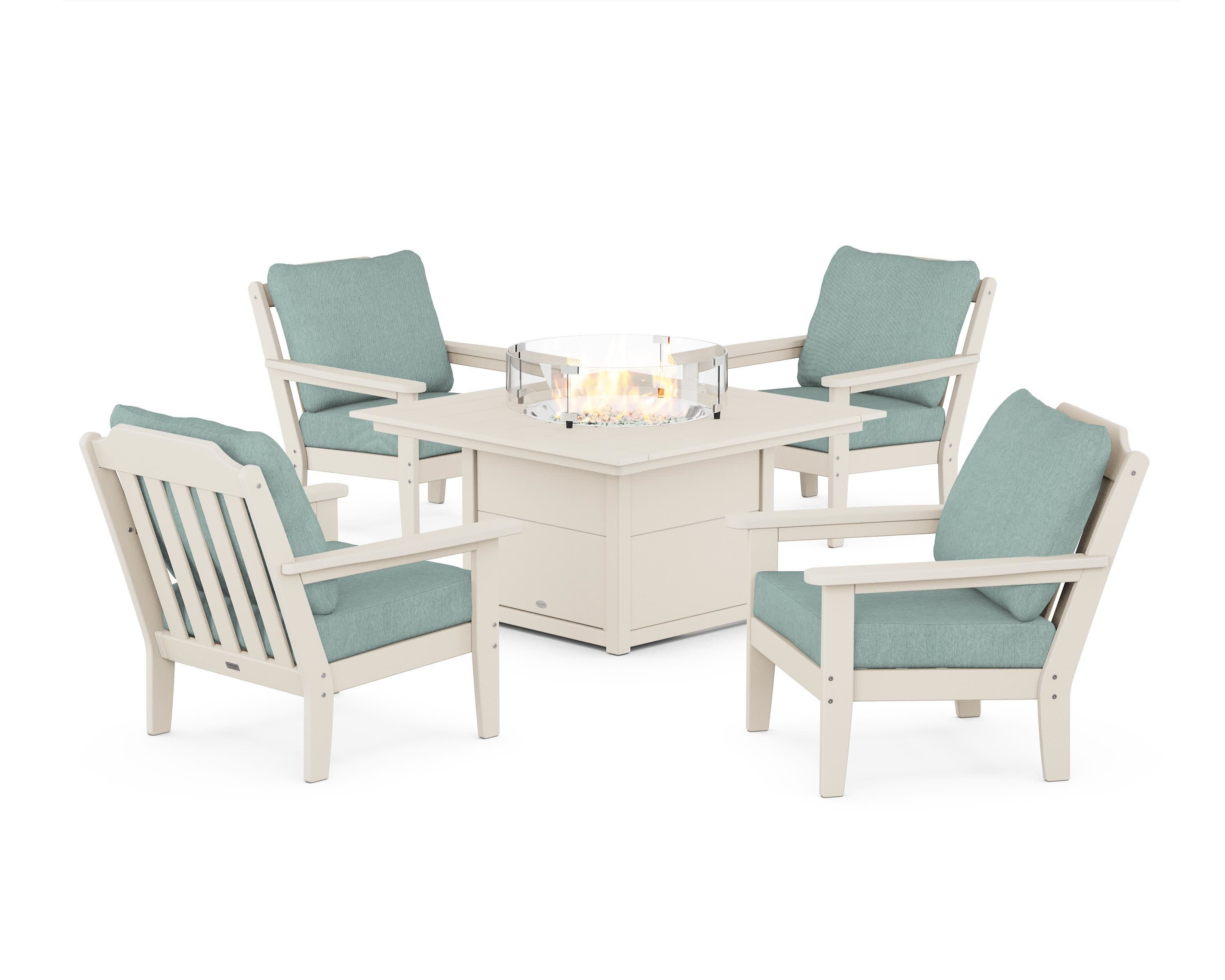 Cottage 5-Piece Deep Seating Set with Fire Pit Table in Sand / Glacier Spa