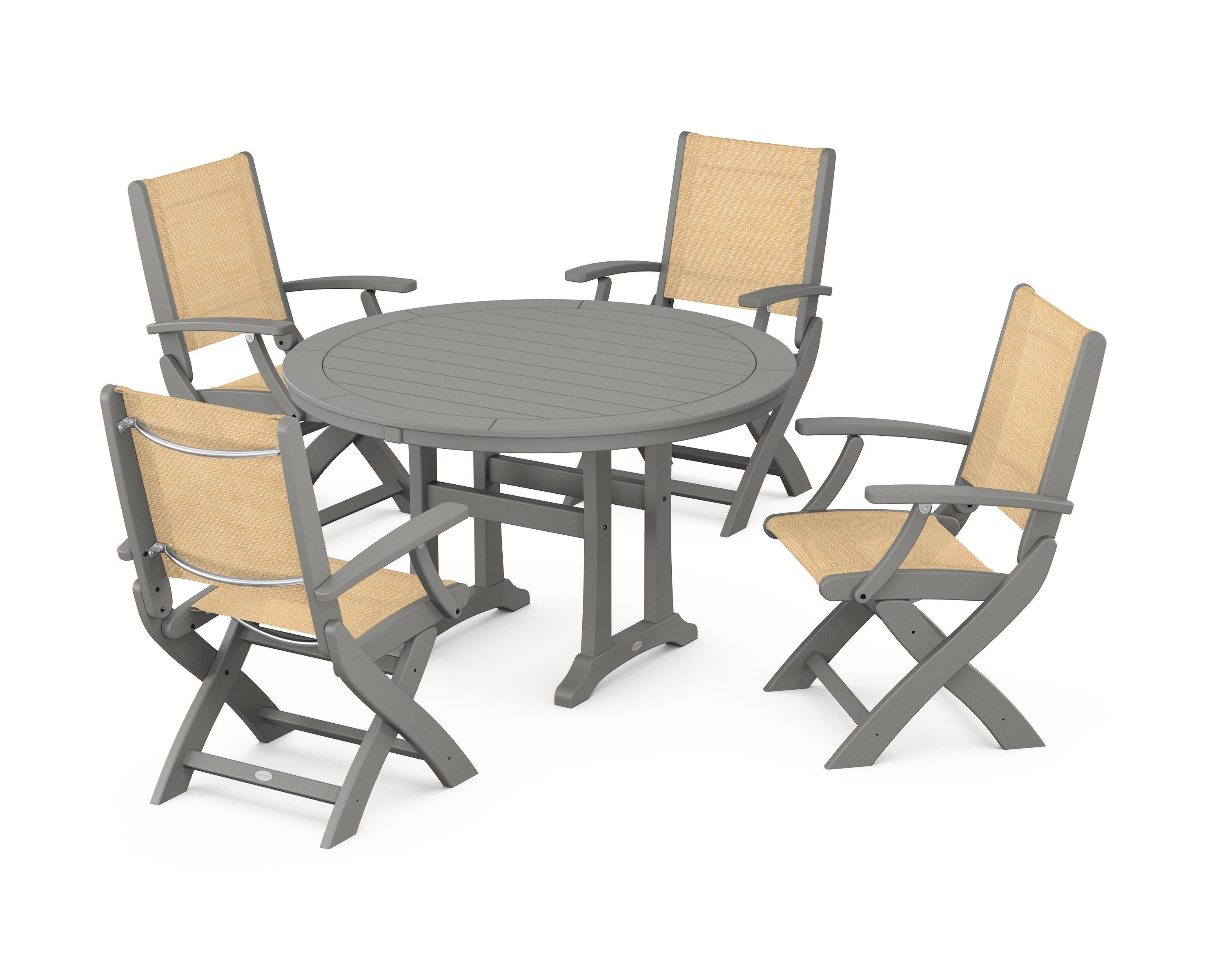 Coastal Folding Chair 5-Piece Round Dining Set with Trestle Legs in Slate Grey / Dupioni Apricot Sling