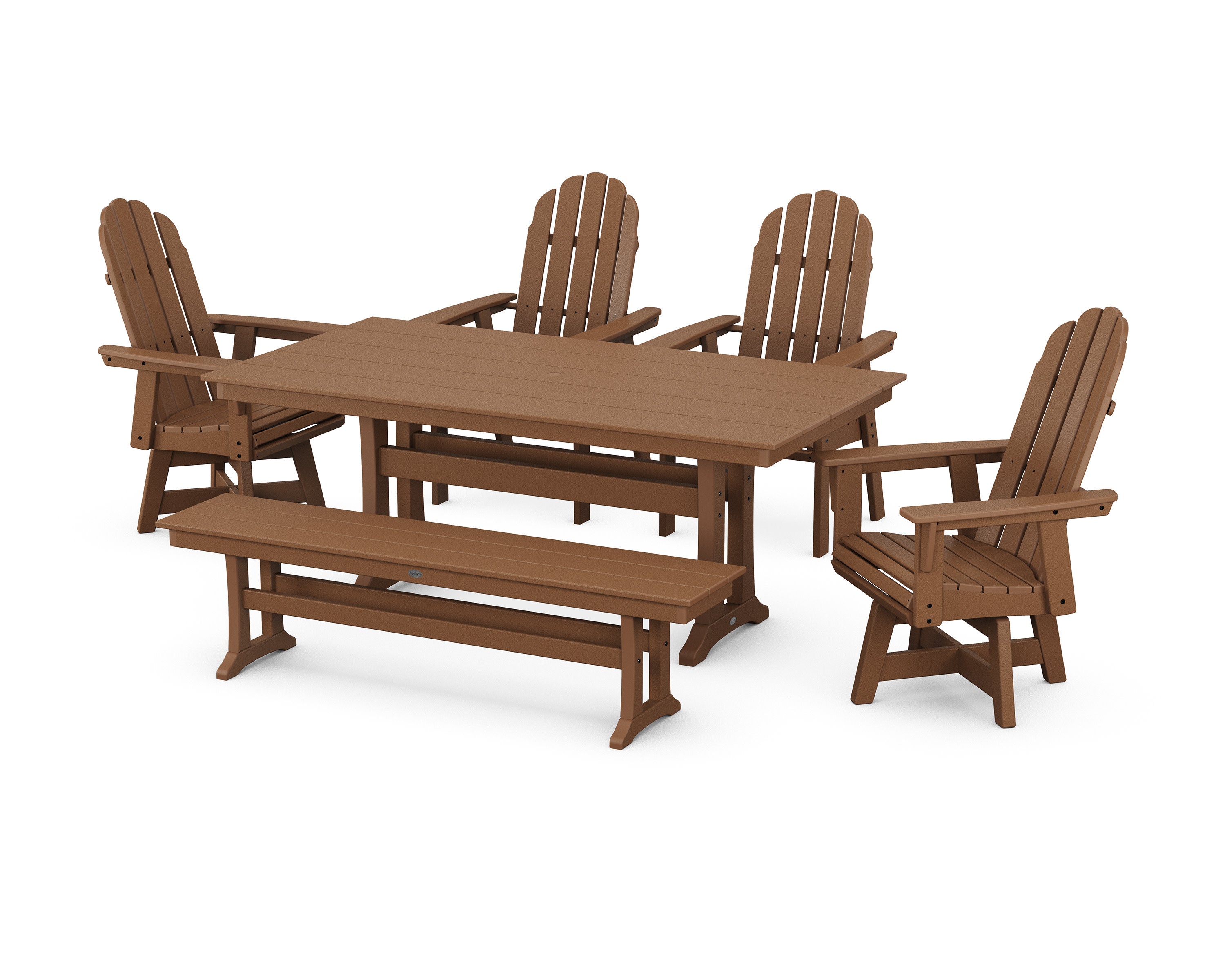 Vineyard Curveback Adirondack 6-Piece Swivel Chair Farmhouse Dining Set with Trestle Legs and Bench in Teak