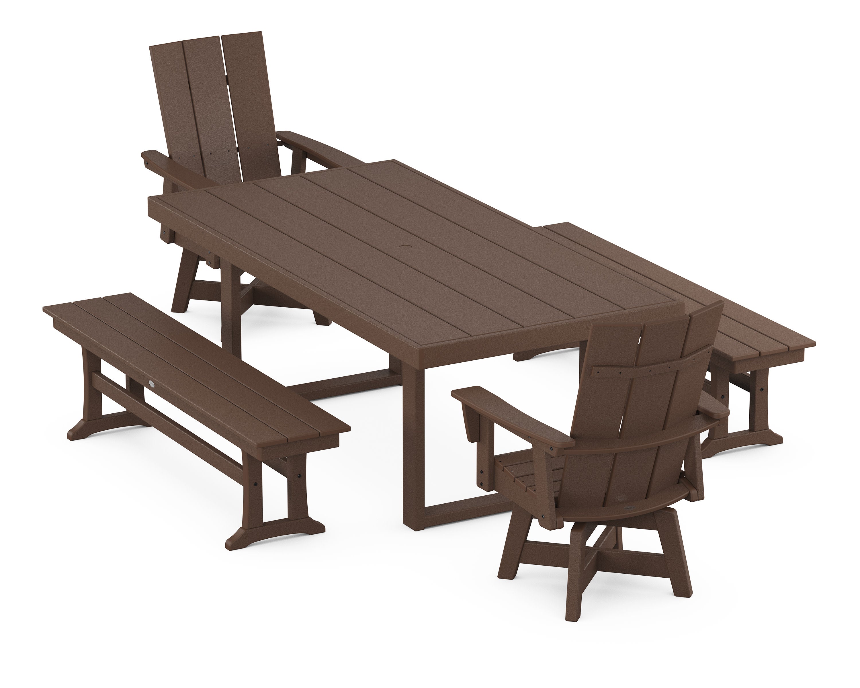Modern Adirondack Swivel Chair 5-Piece Dining Set with Benches in Mahogany