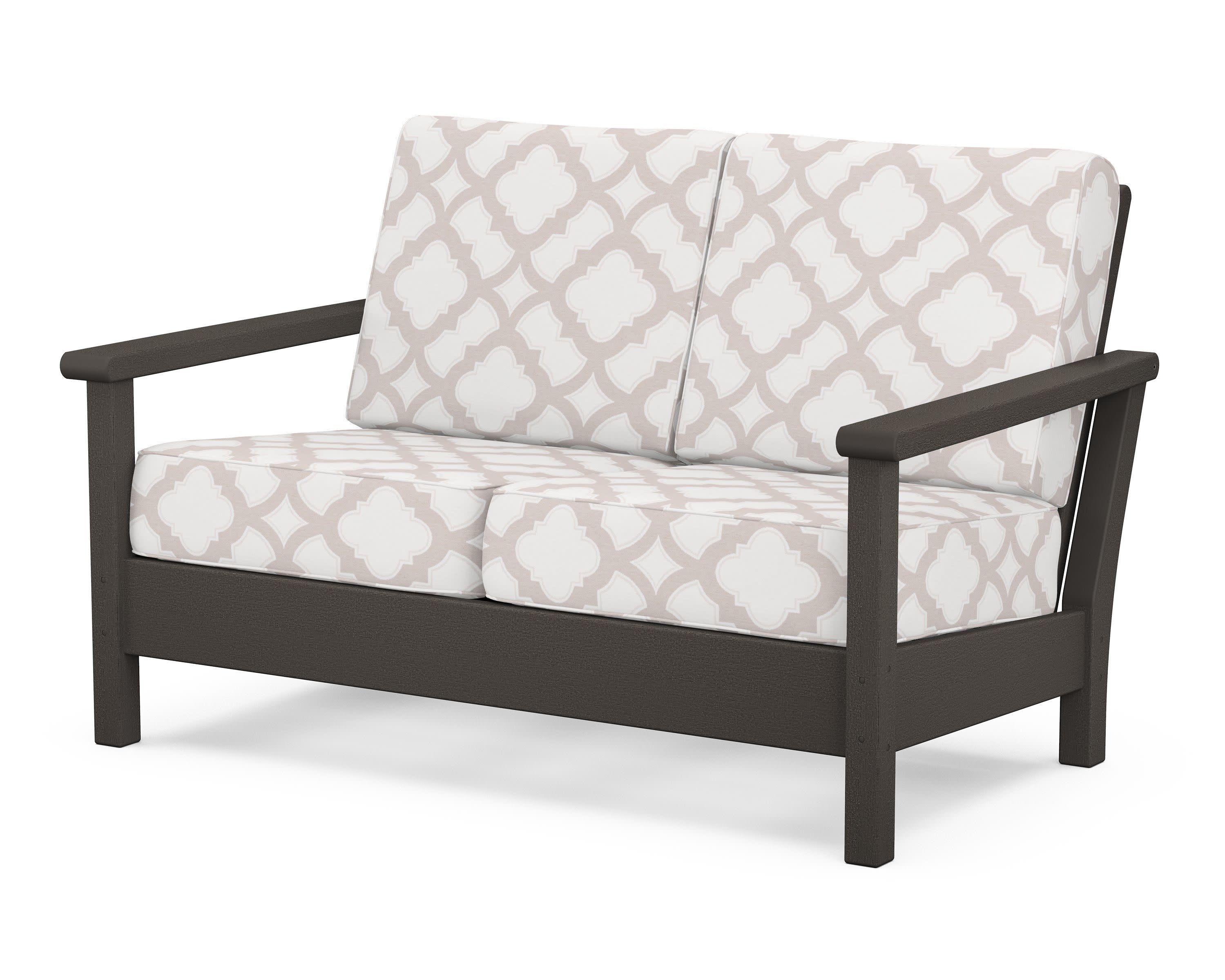 Harbour Deep Seating Loveseat in Vintage Coffee / Trellis Dune Burlap