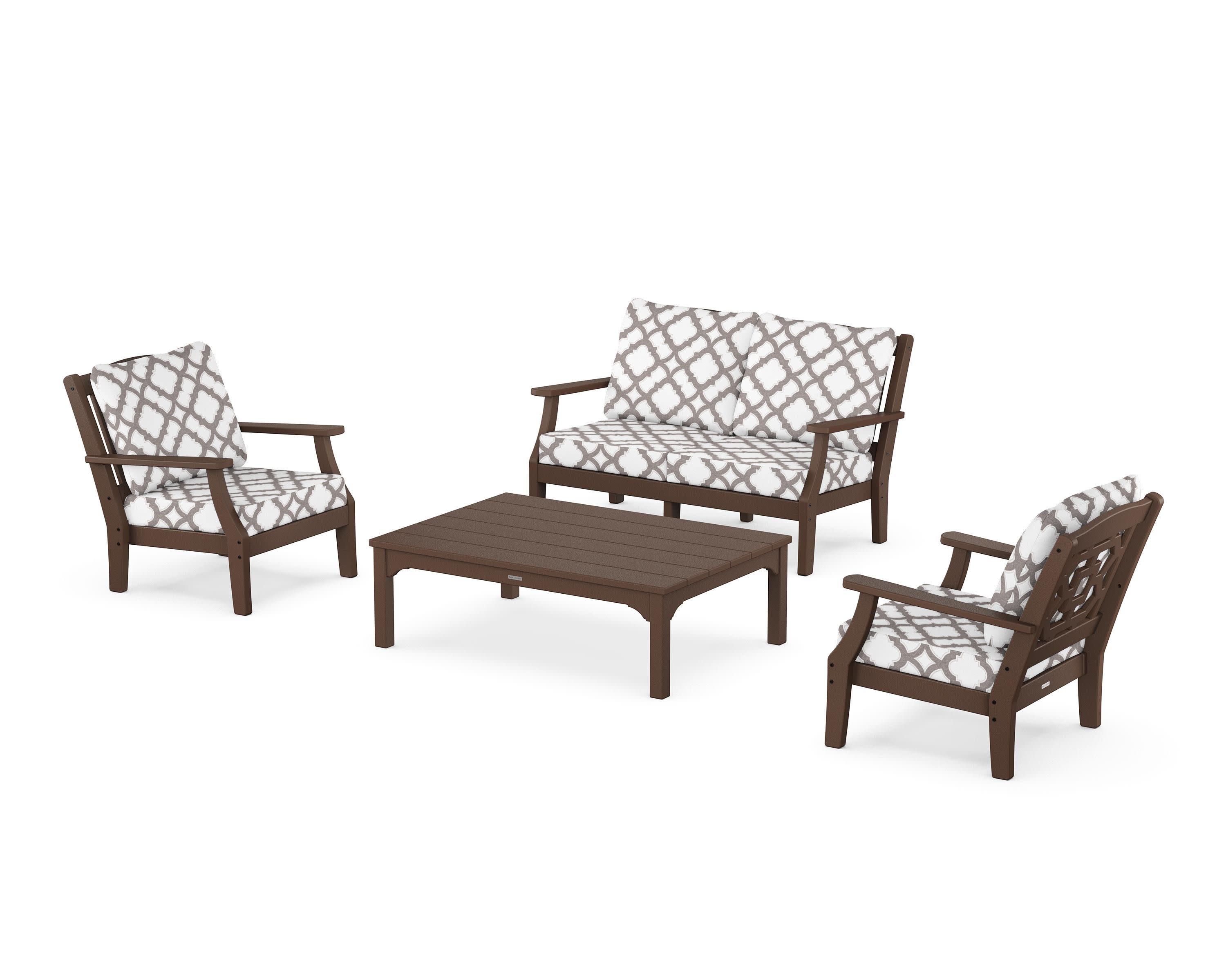 Chinoiserie 4-Piece Deep Seating Set with Loveseat in Mahogany / Trellis Grey Mist