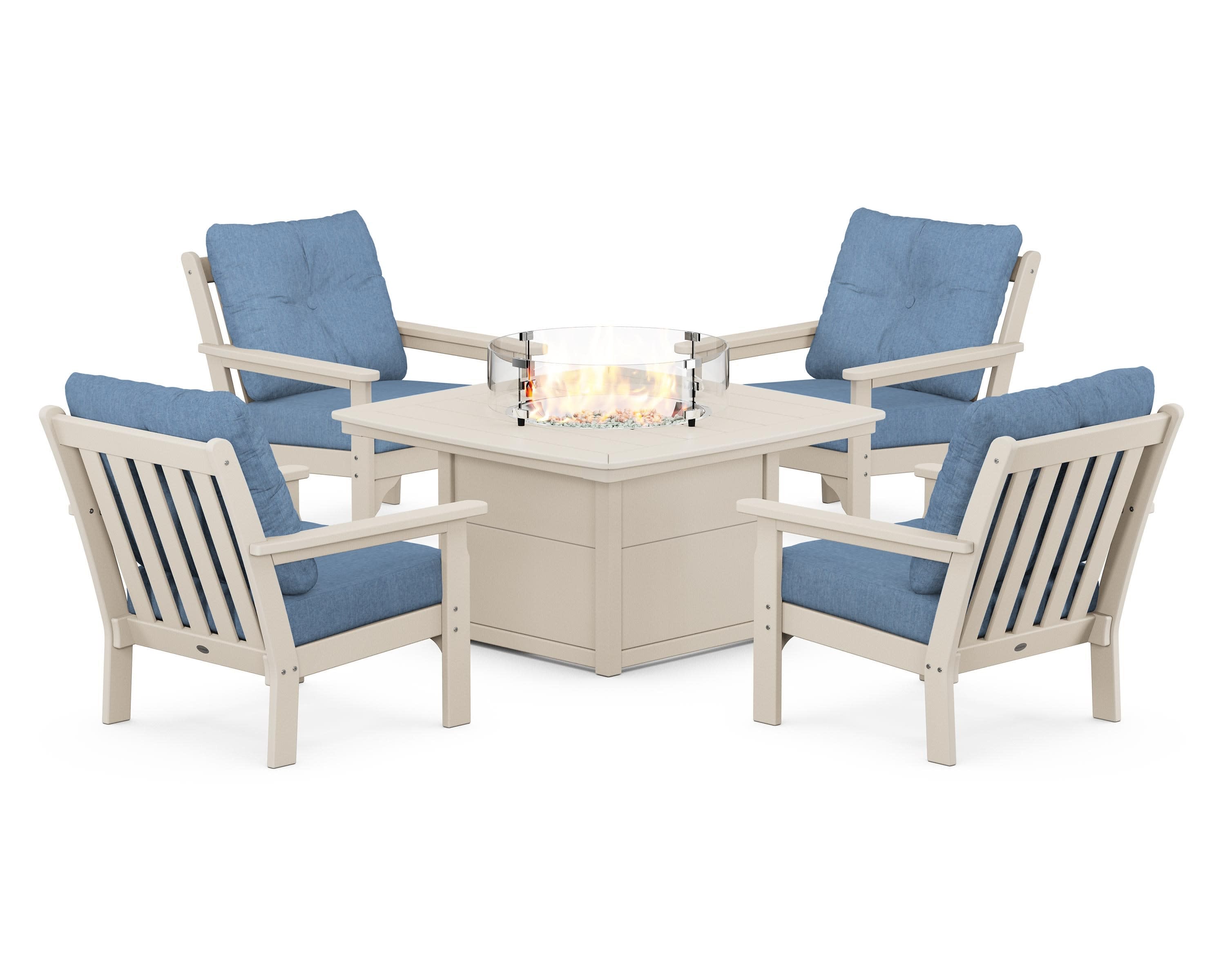 Vineyard 5-Piece Conversation Set with Fire Pit Table in Sand / Sky Blue