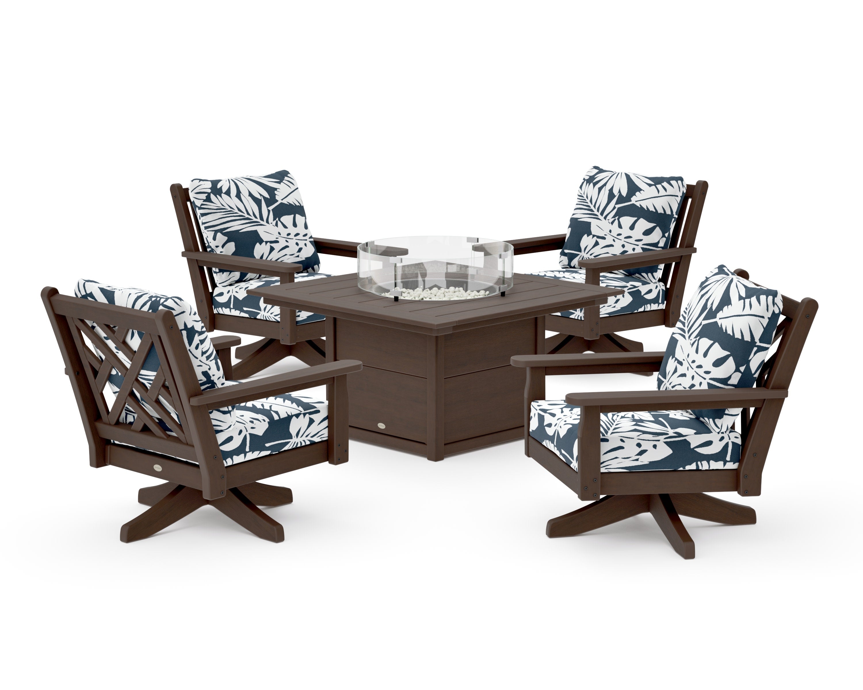 Chippendale 5-Piece Deep Seating Swivel Conversation Set with Fire Pit Table in Kona / Leaf Marine Indigo