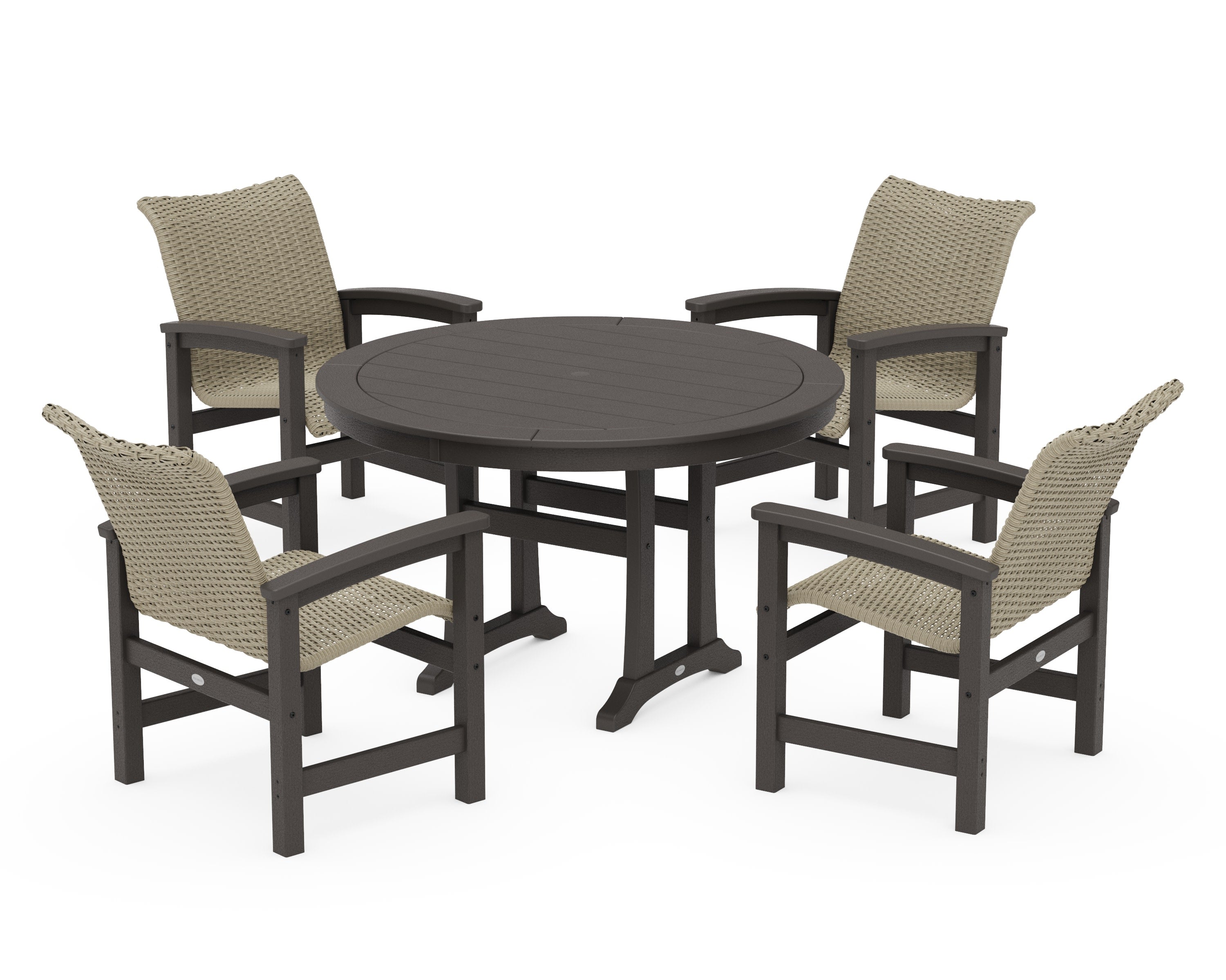 Coastal Woven 5-Piece Round Dining Set with Trestle Legs in Vintage Coffee / Dune Grass