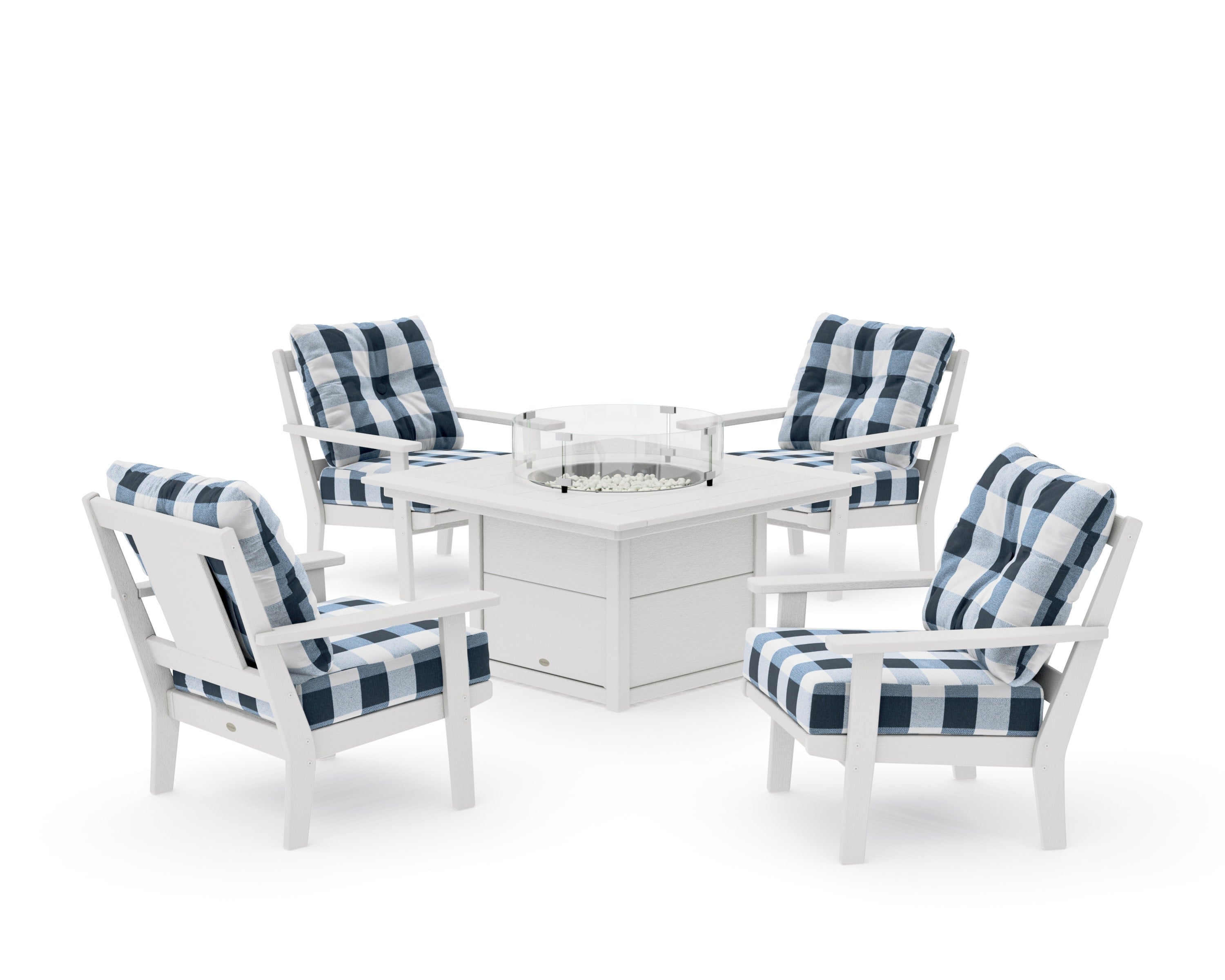 Prairie 5-Piece Deep Seating Set with Fire Pit Table in Vintage White / Buffalo Plaid Marine Indigo