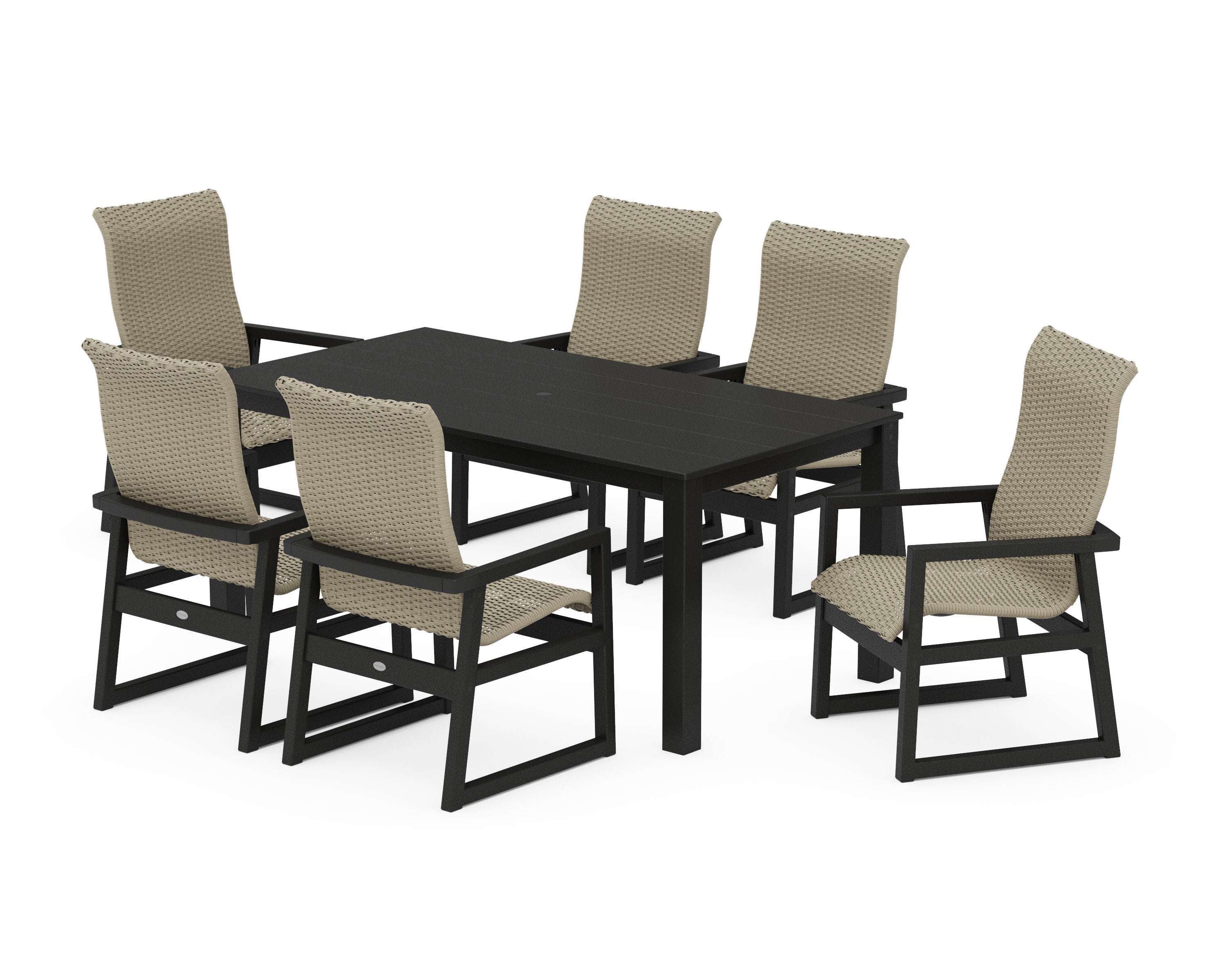 EDGE Woven Highback Arm Chair 7-Piece Parsons Dining Set in Black / Dune Grass