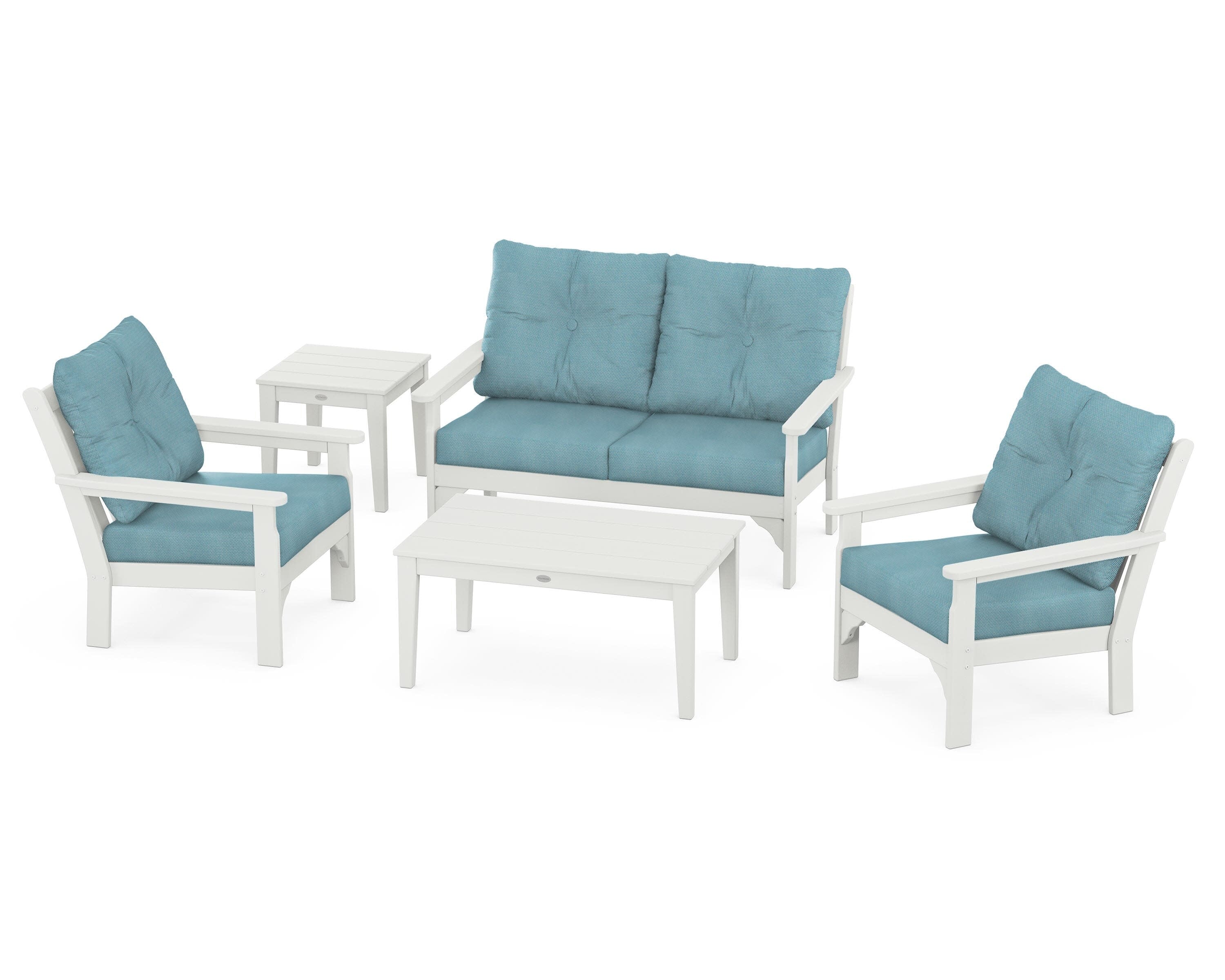 Vineyard 5-Piece Deep Seating Set in Vintage White / Lattice Sky Blue