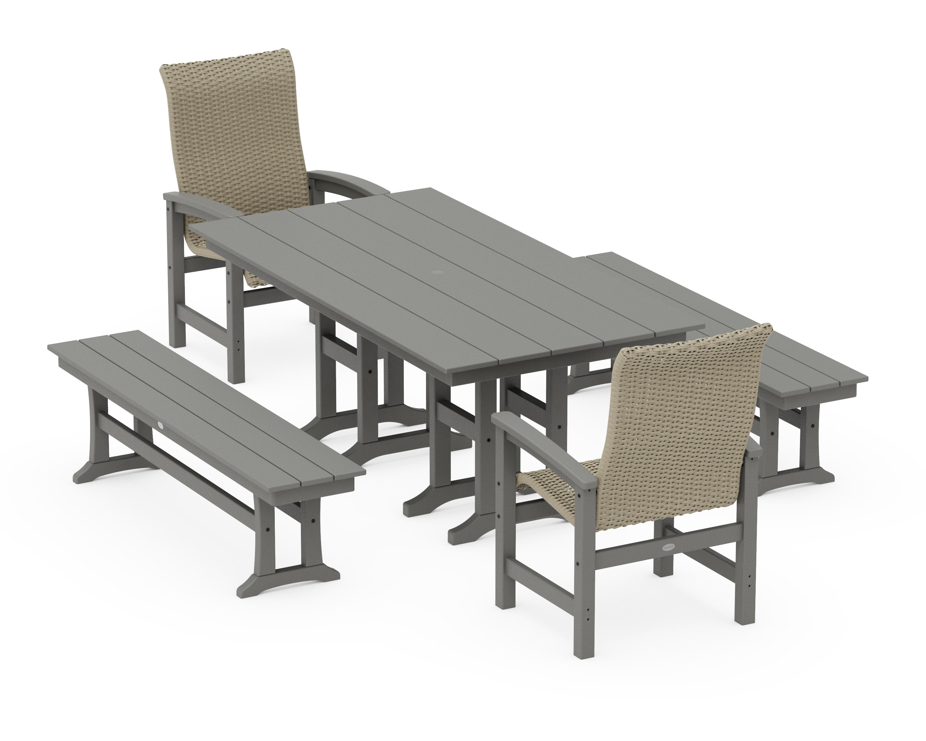 Coastal Woven High-Back 5-Piece Farmhouse Dining Set with Benches in Slate Grey / Dune Grass