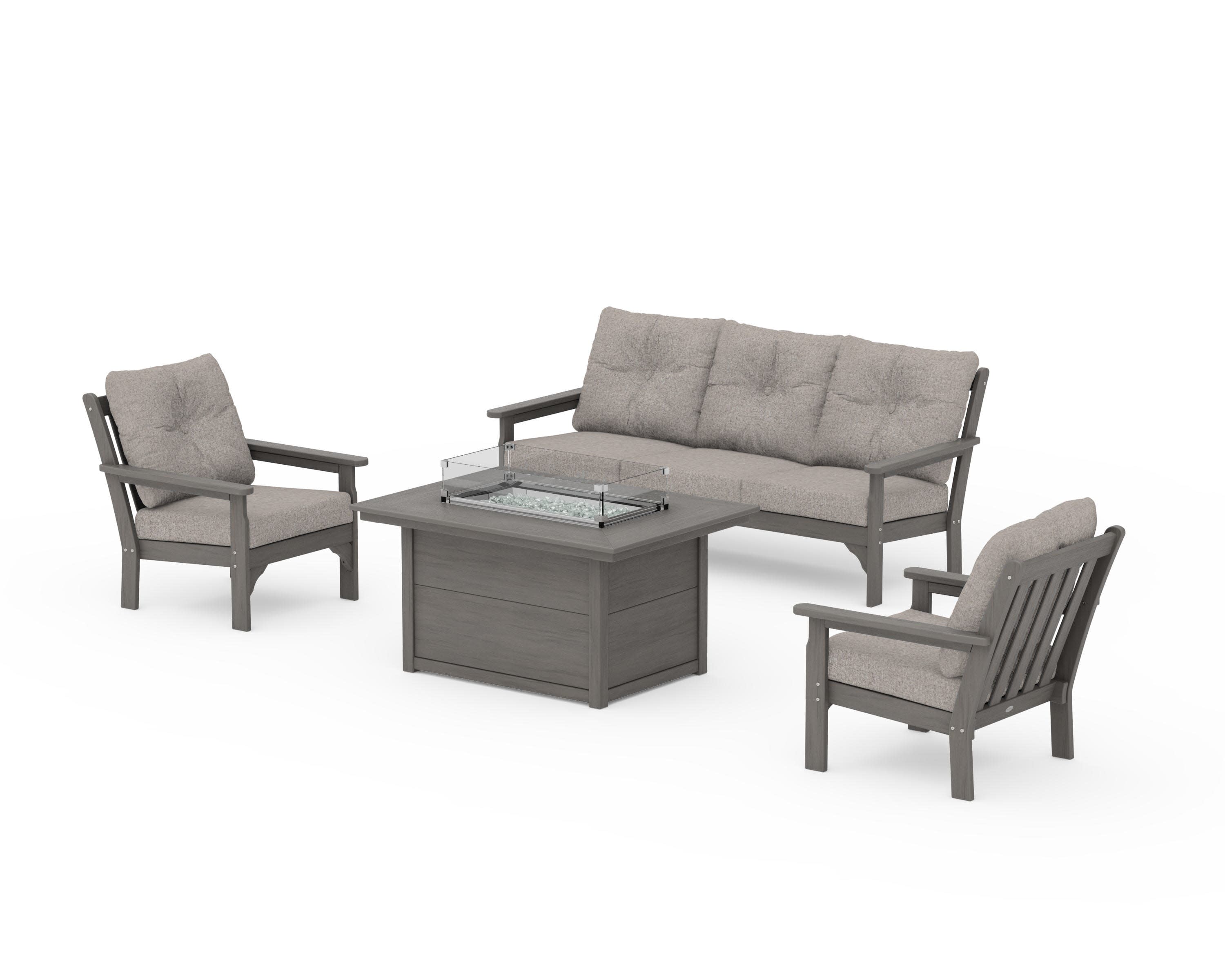 Vineyard Deep Seating Fire Pit Table Set in Driftwood / Weathered Tweed