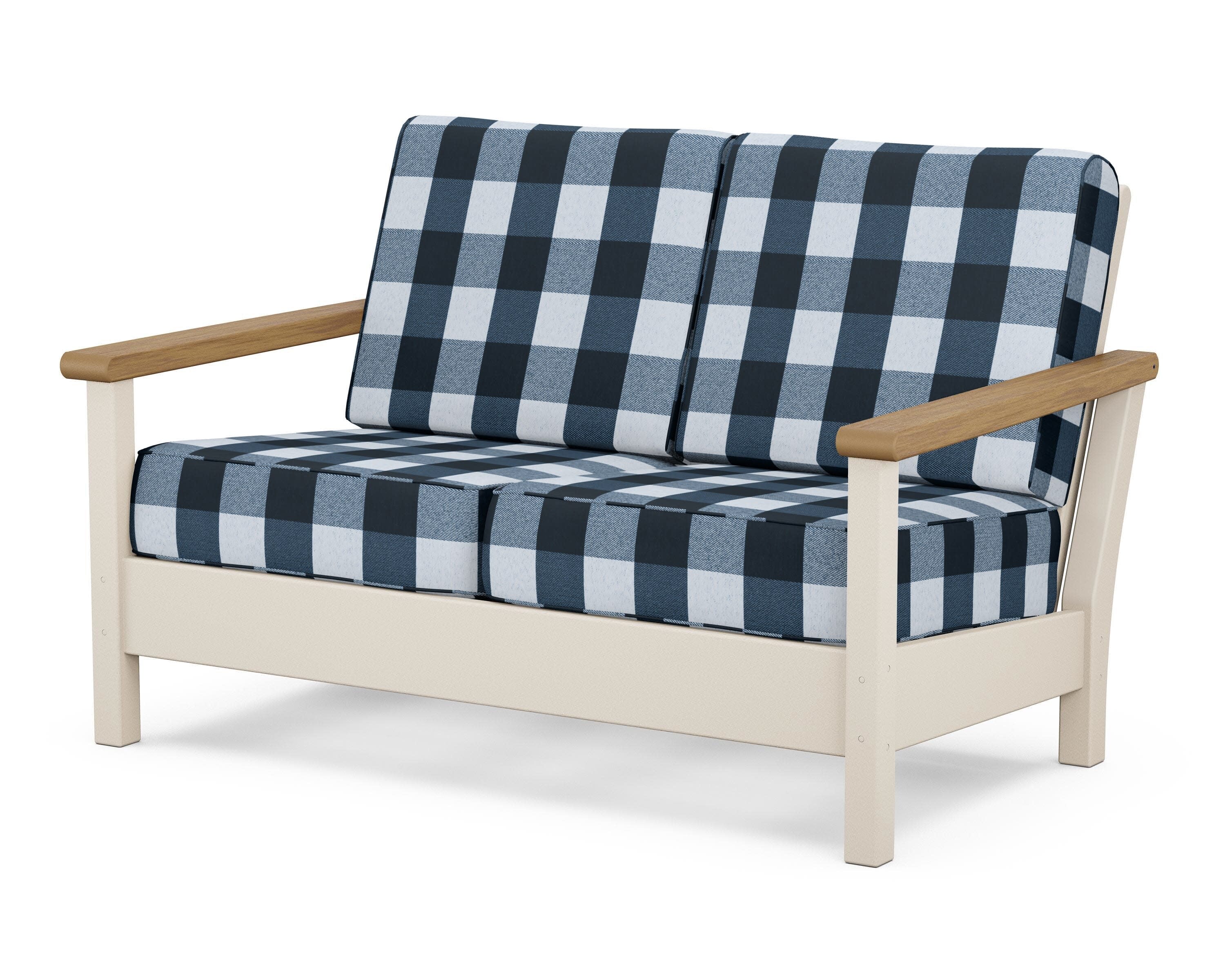 Harbour Deep Seating Loveseat in Sand / Natural / Buffalo Plaid Marine Indigo