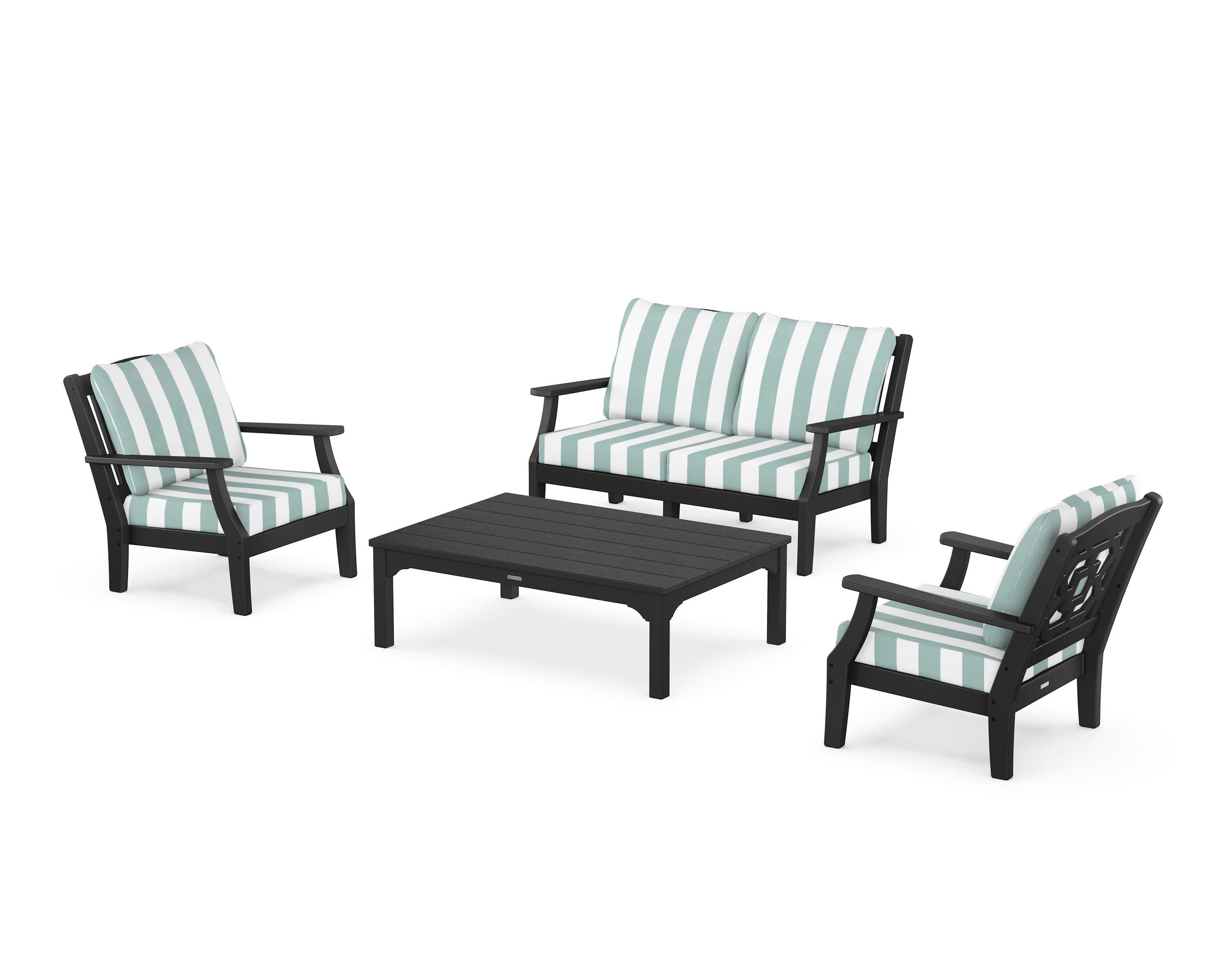 Chinoiserie 4-Piece Deep Seating Set with Loveseat in Black / Cabana Stripe Glacier Spa