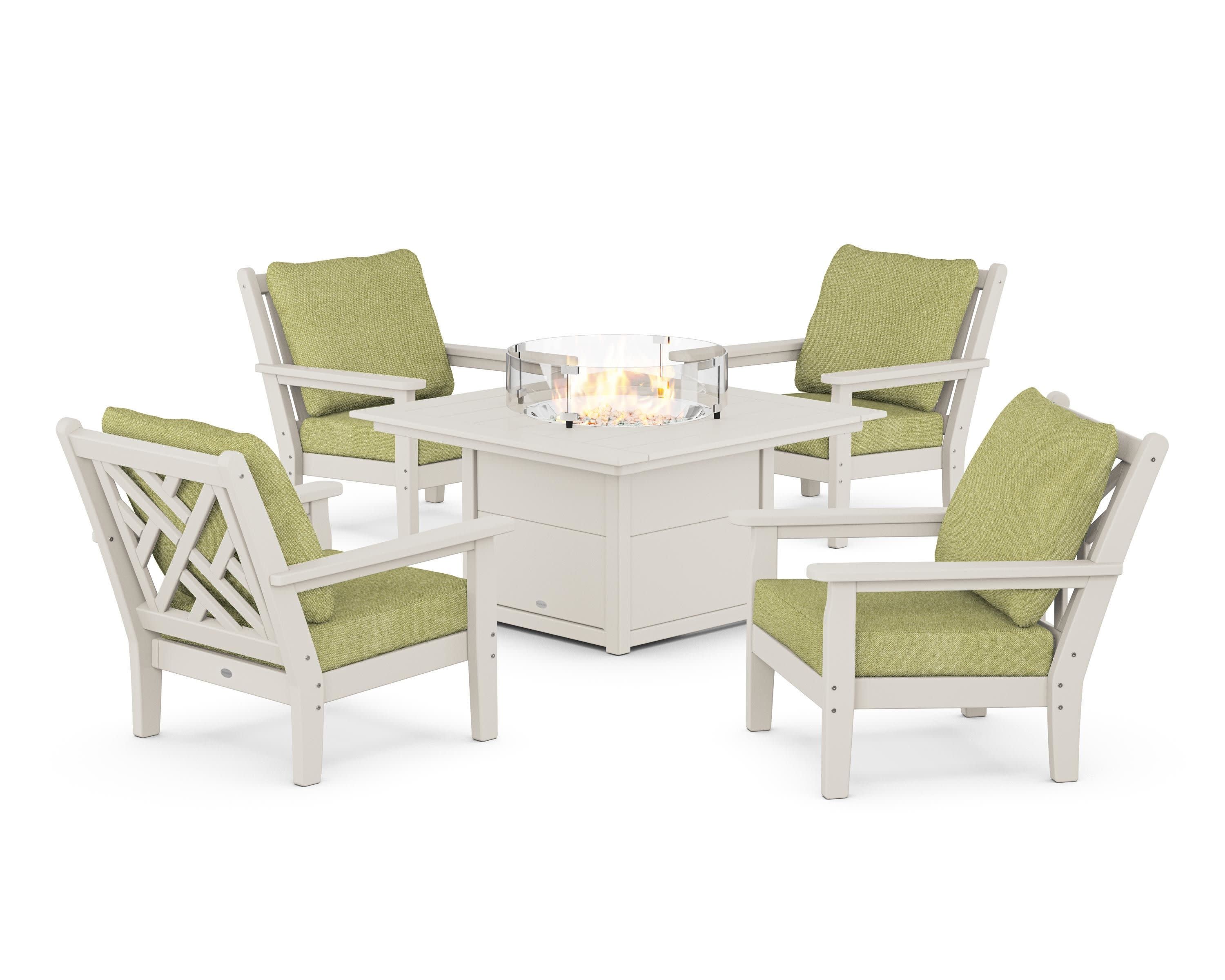 Chippendale 5-Piece Deep Seating Set with Fire Pit Table in Sand / Chartreuse Boucle