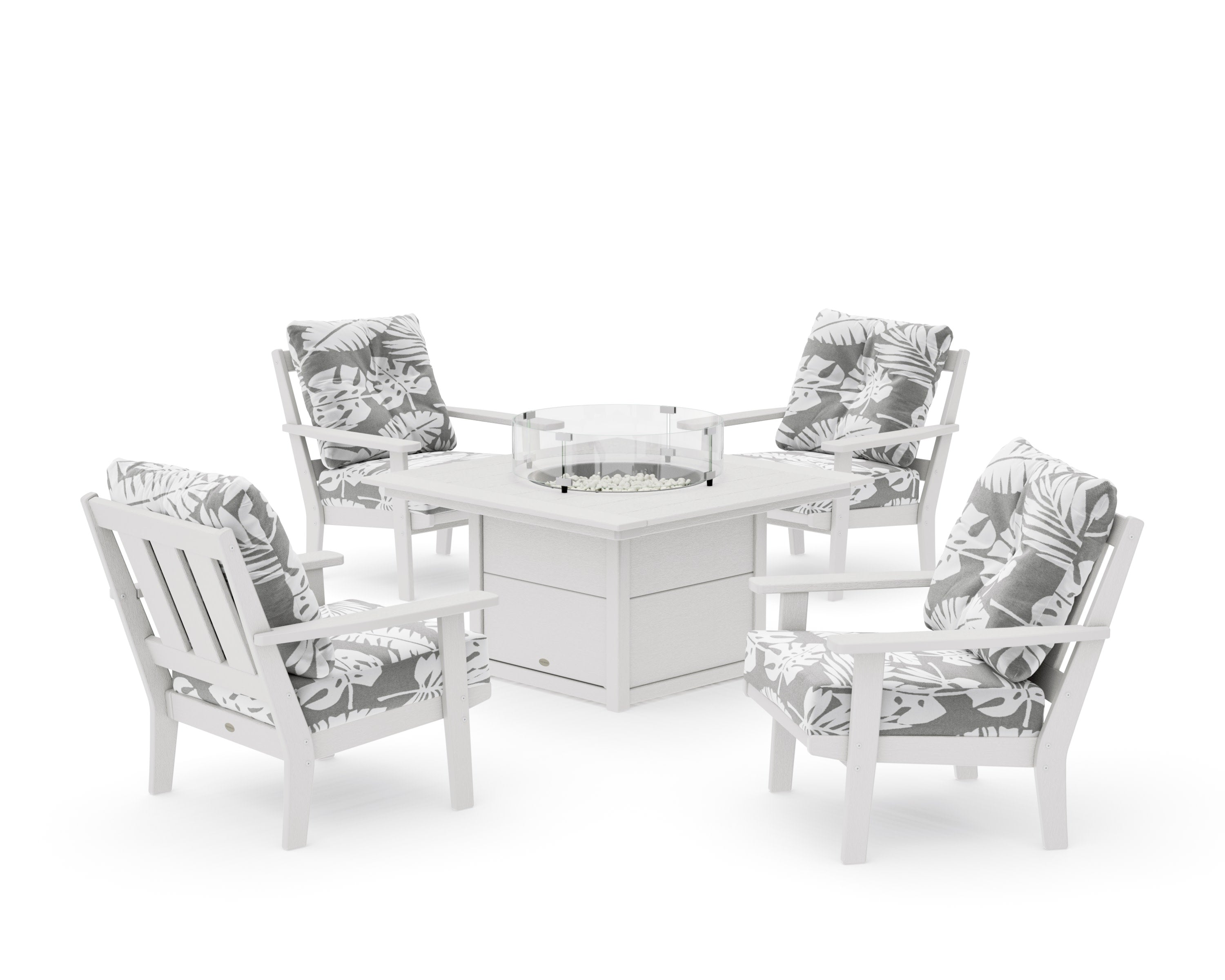 Oxford 5-Piece Deep Seating Set with Fire Pit Table in Vintage White / Leaf Grey Mist