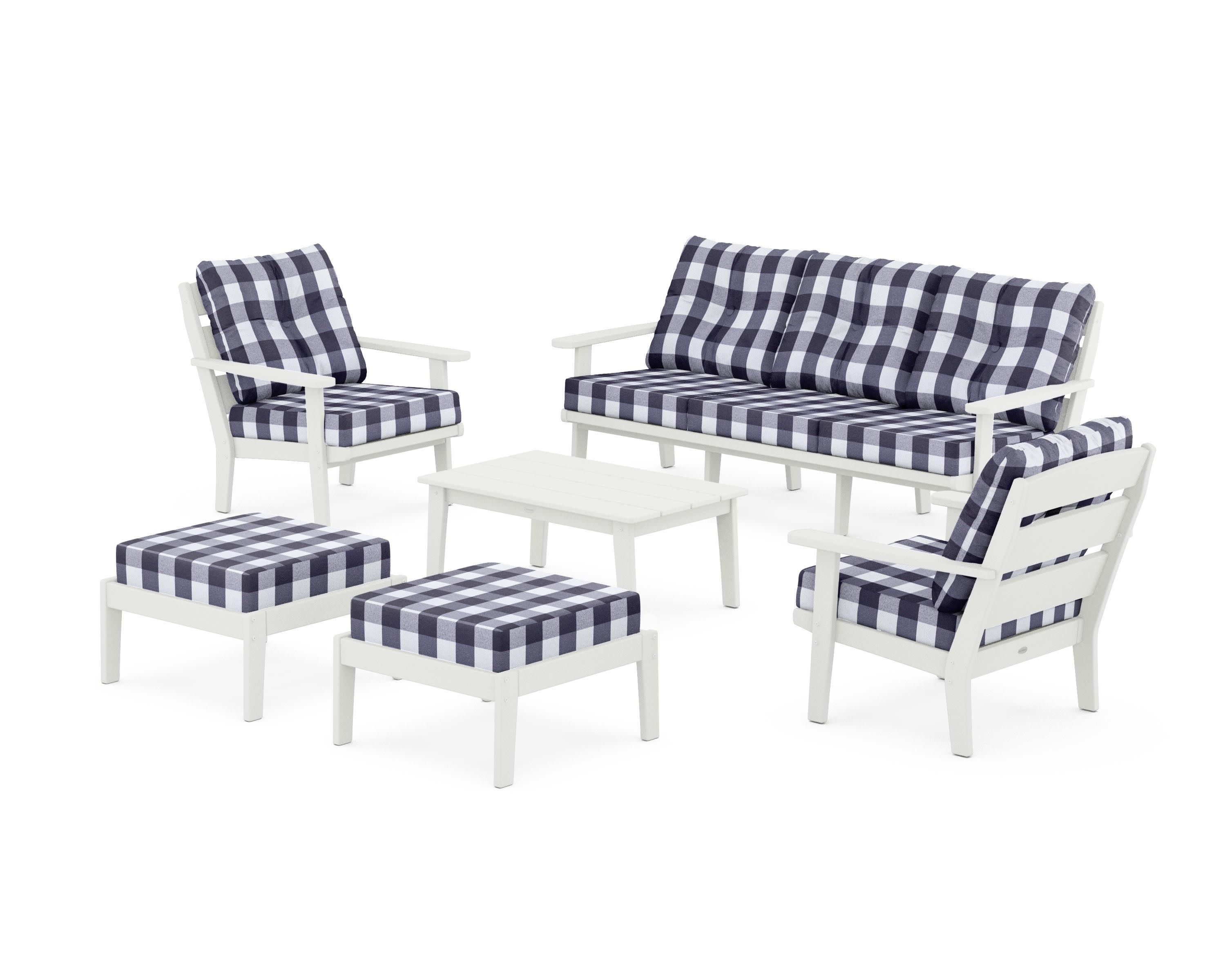 Lakeside 6-Piece Lounge Sofa Set in Vintage White / Buffalo Plaid Navy