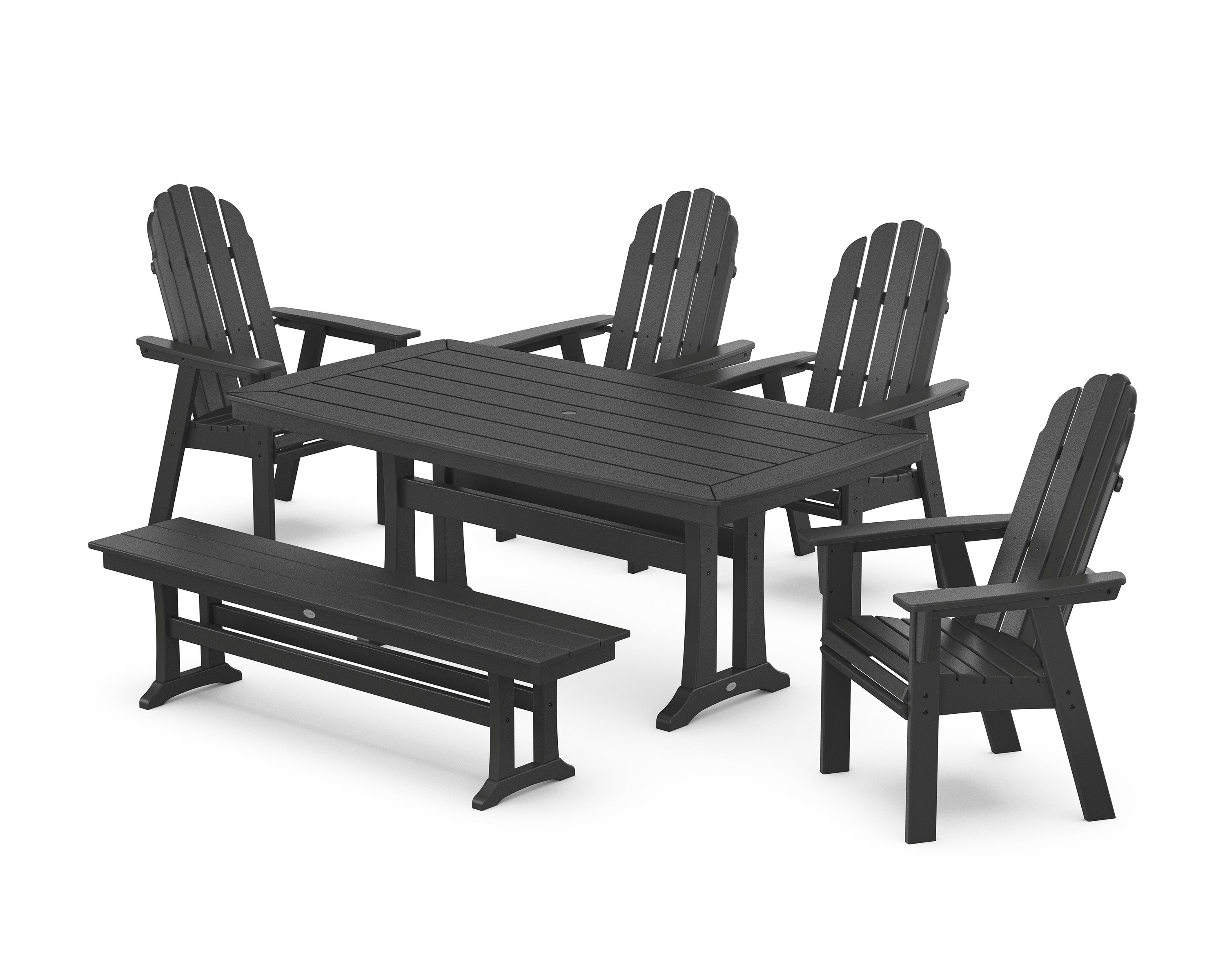 Vineyard Curveback Adirondack Chair 6-Piece Dining Set with Trestle Legs and Bench in Black