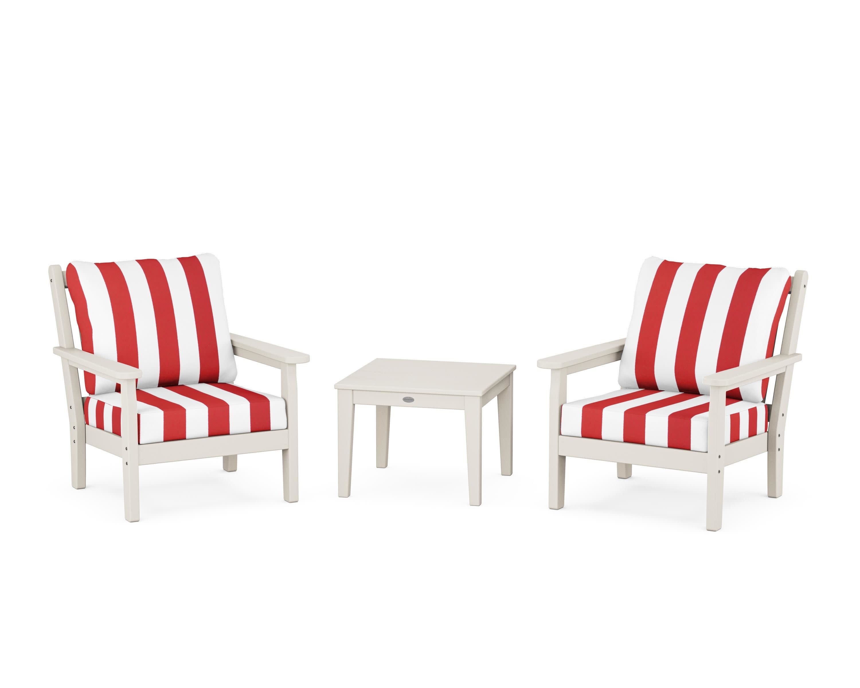 Chippendale 3-Piece Deep Seating Set in Sand / Cabana Stripe Crimson