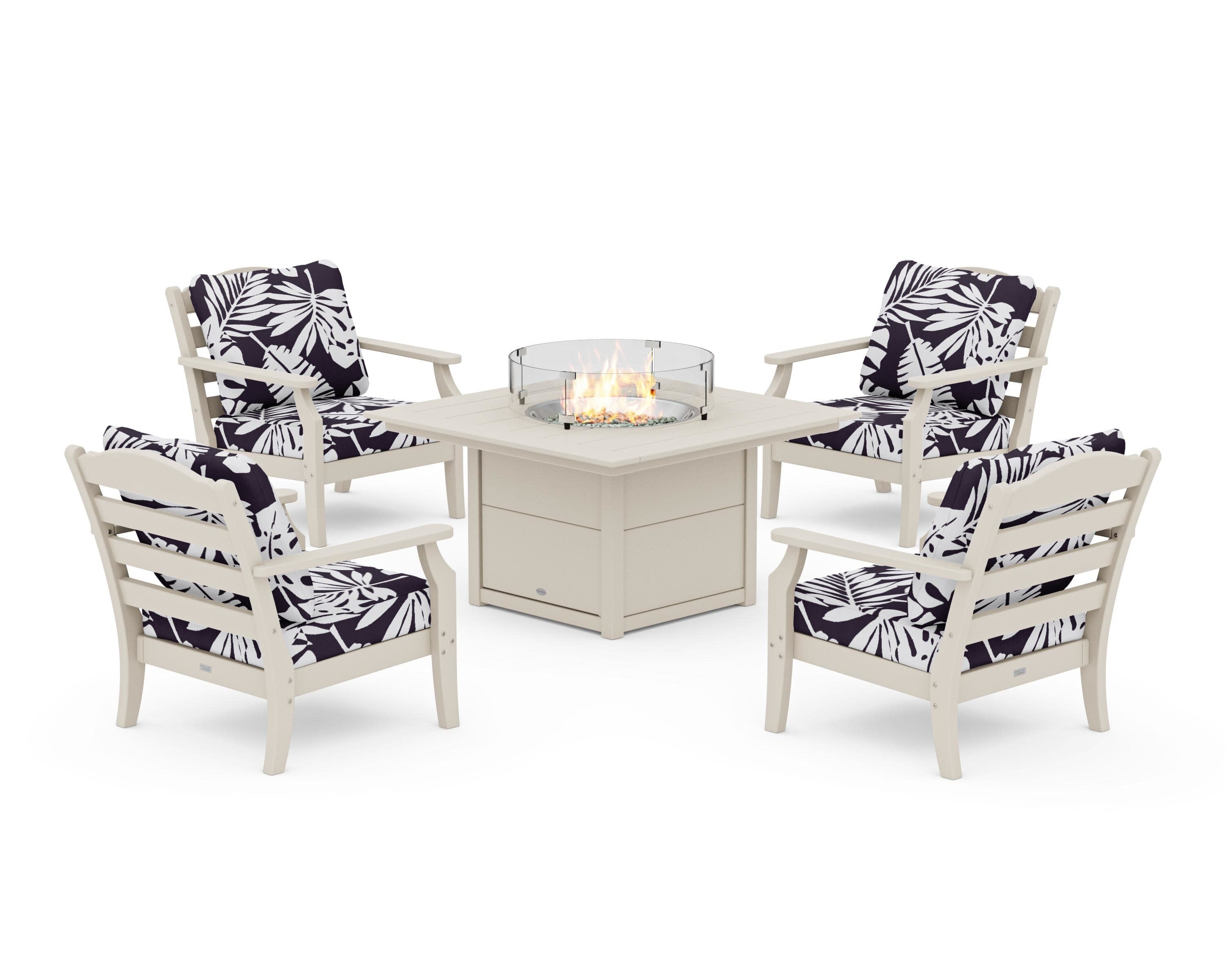 Savannah 5-Piece Deep Seating Set with Fire Pit Table in Sand / Leaf Navy
