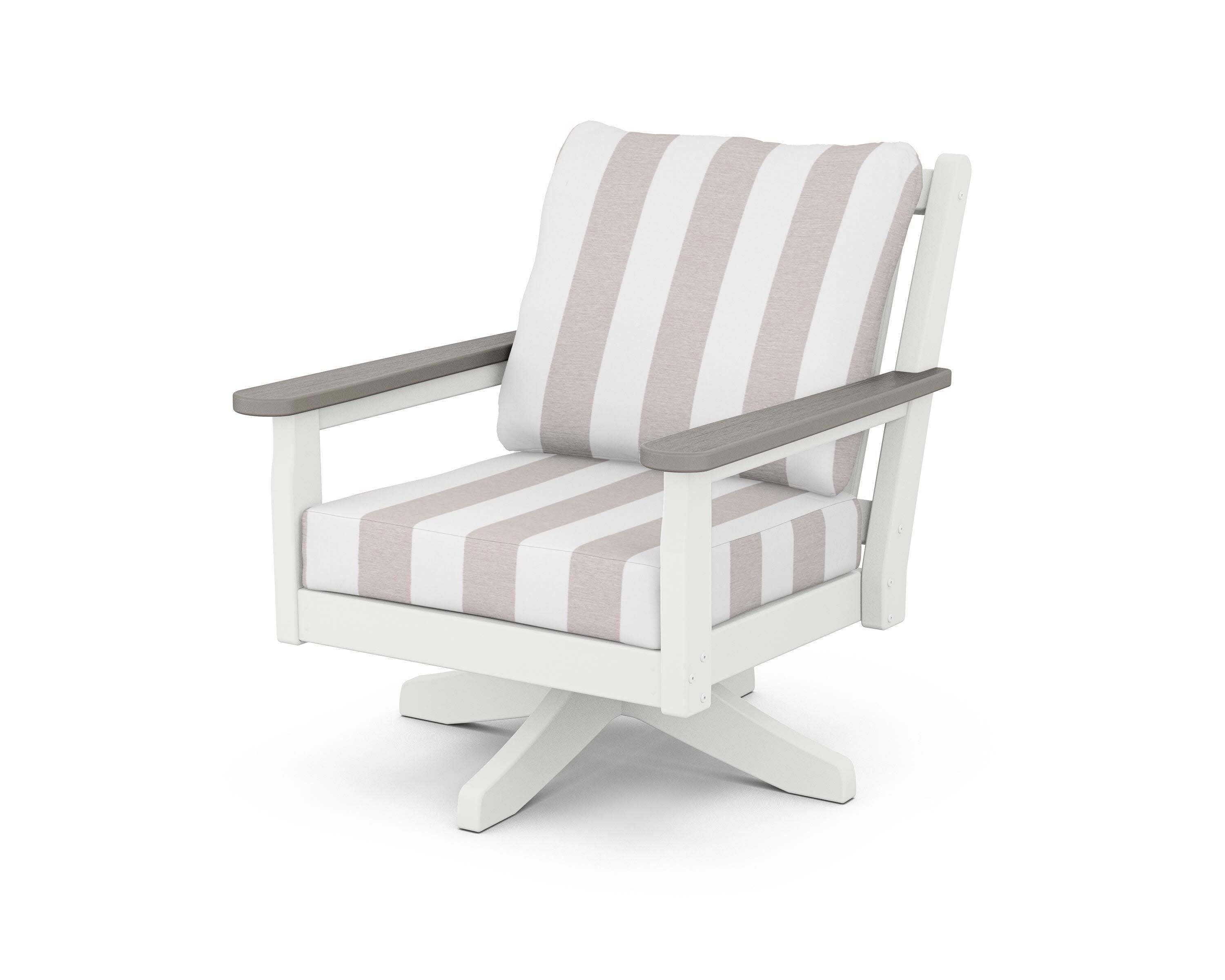 Chippendale Deep Seating Swivel Chair in White / Driftwood / Cabana Stripe Dune Burlap