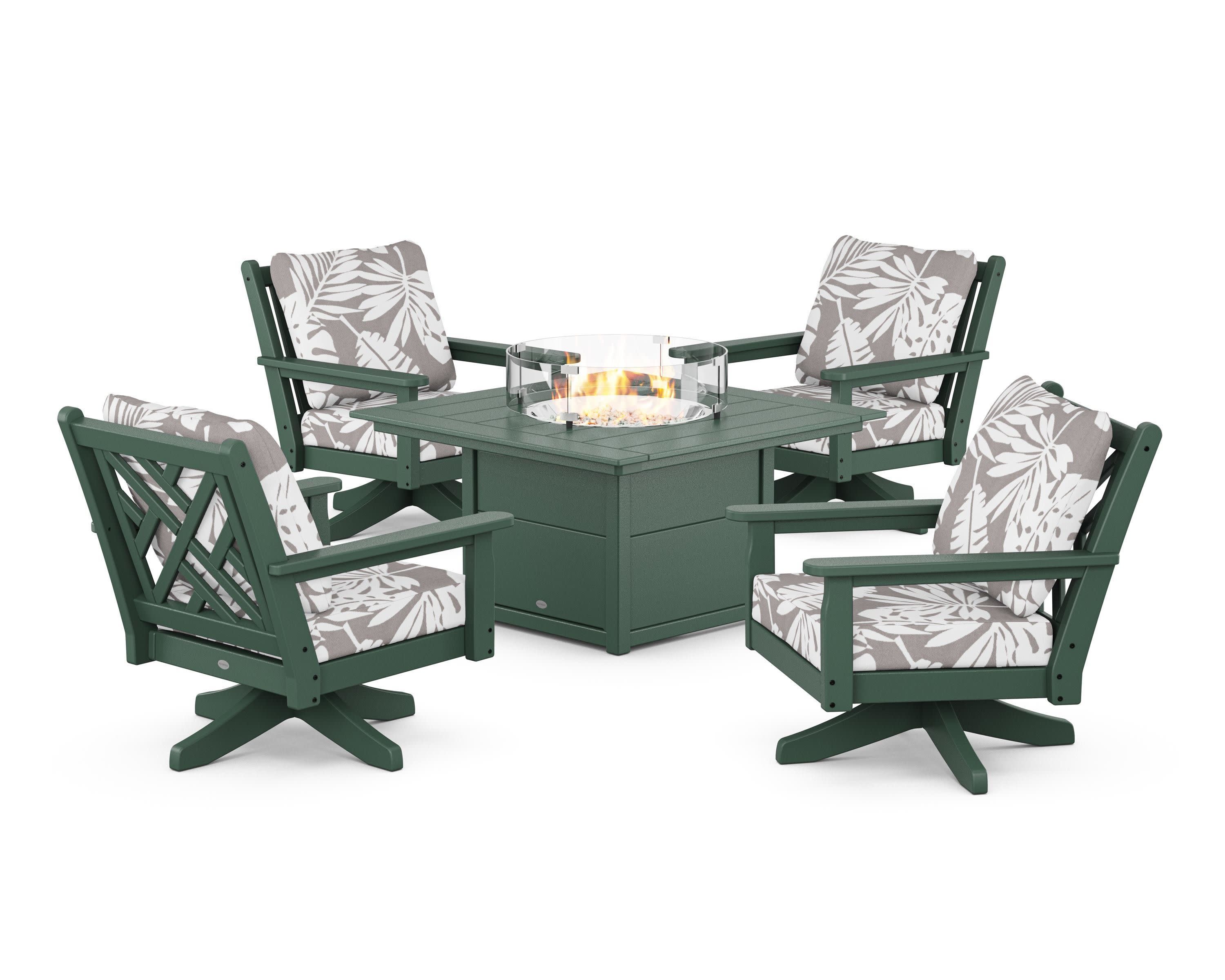 Chippendale 5-Piece Deep Seating Swivel Conversation Set with Fire Pit Table in Green / Leaf Grey Mist