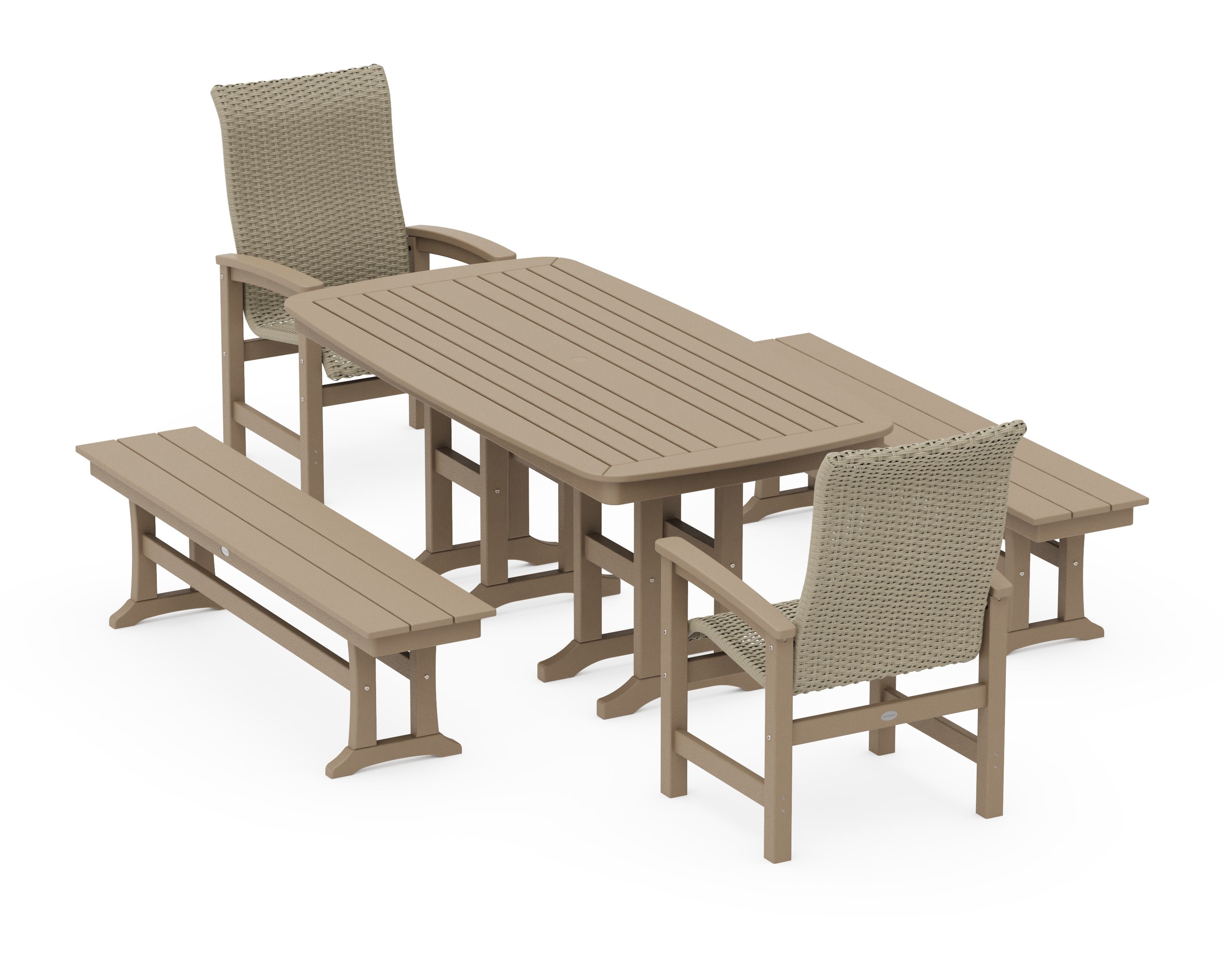 Coastal Woven High-Back 5-Piece Dining Set with Benches in Vintage Sahara / Dune Grass