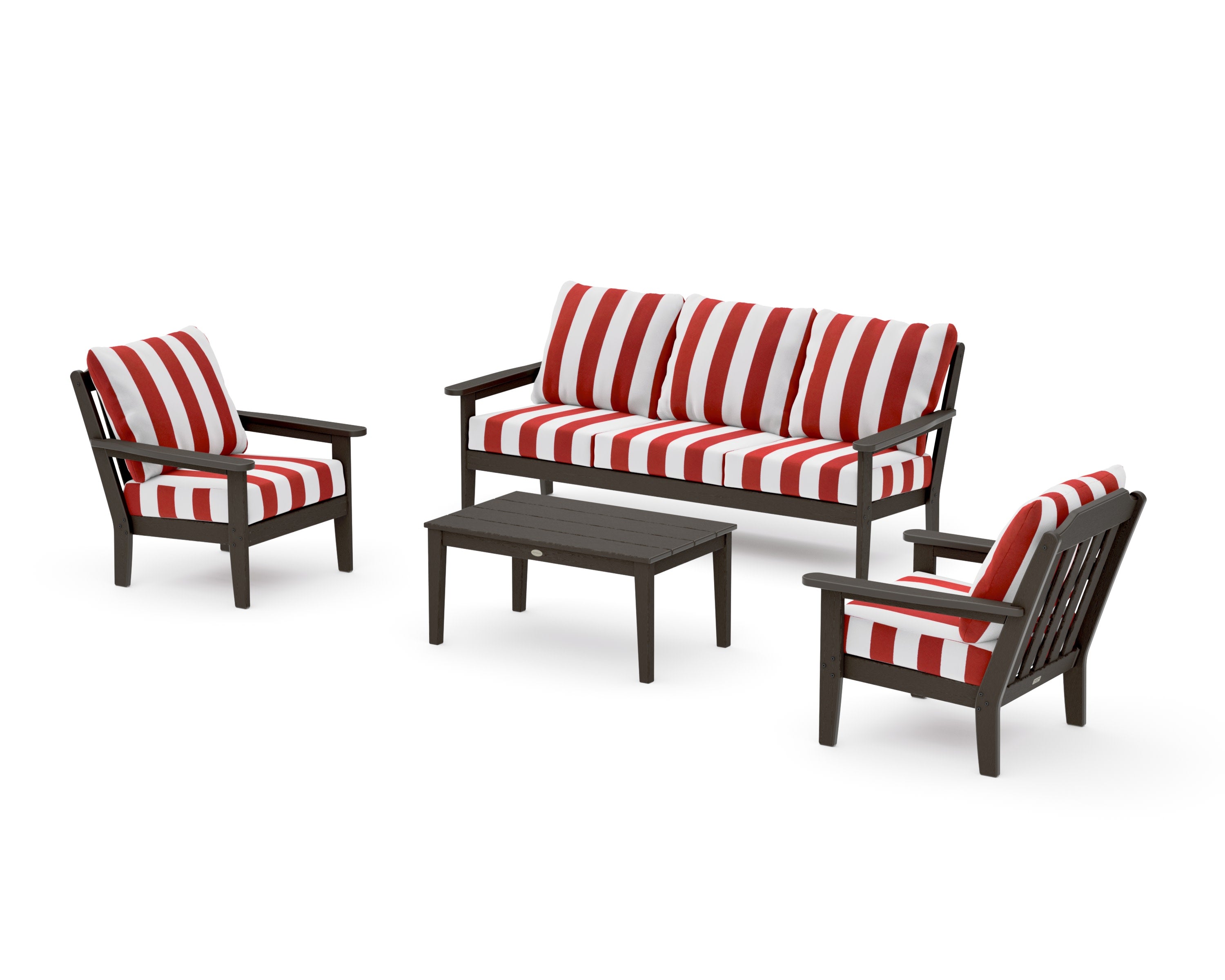 Cottage 4-Piece Deep Seating Set with Sofa in Vintage Coffee / Cabana Stripe Crimson