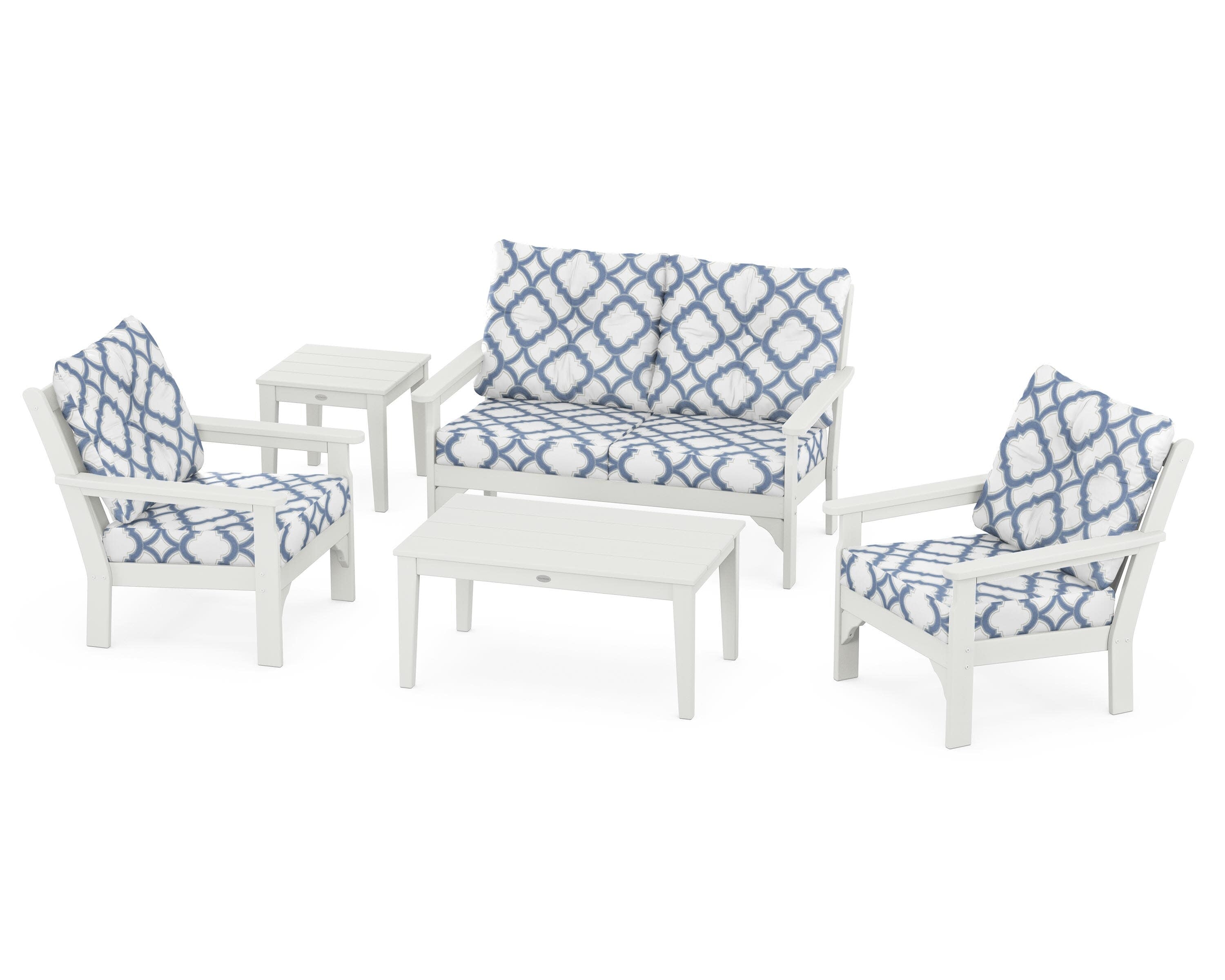 Vineyard 5-Piece Deep Seating Set in Vintage White / Trellis Sky Blue