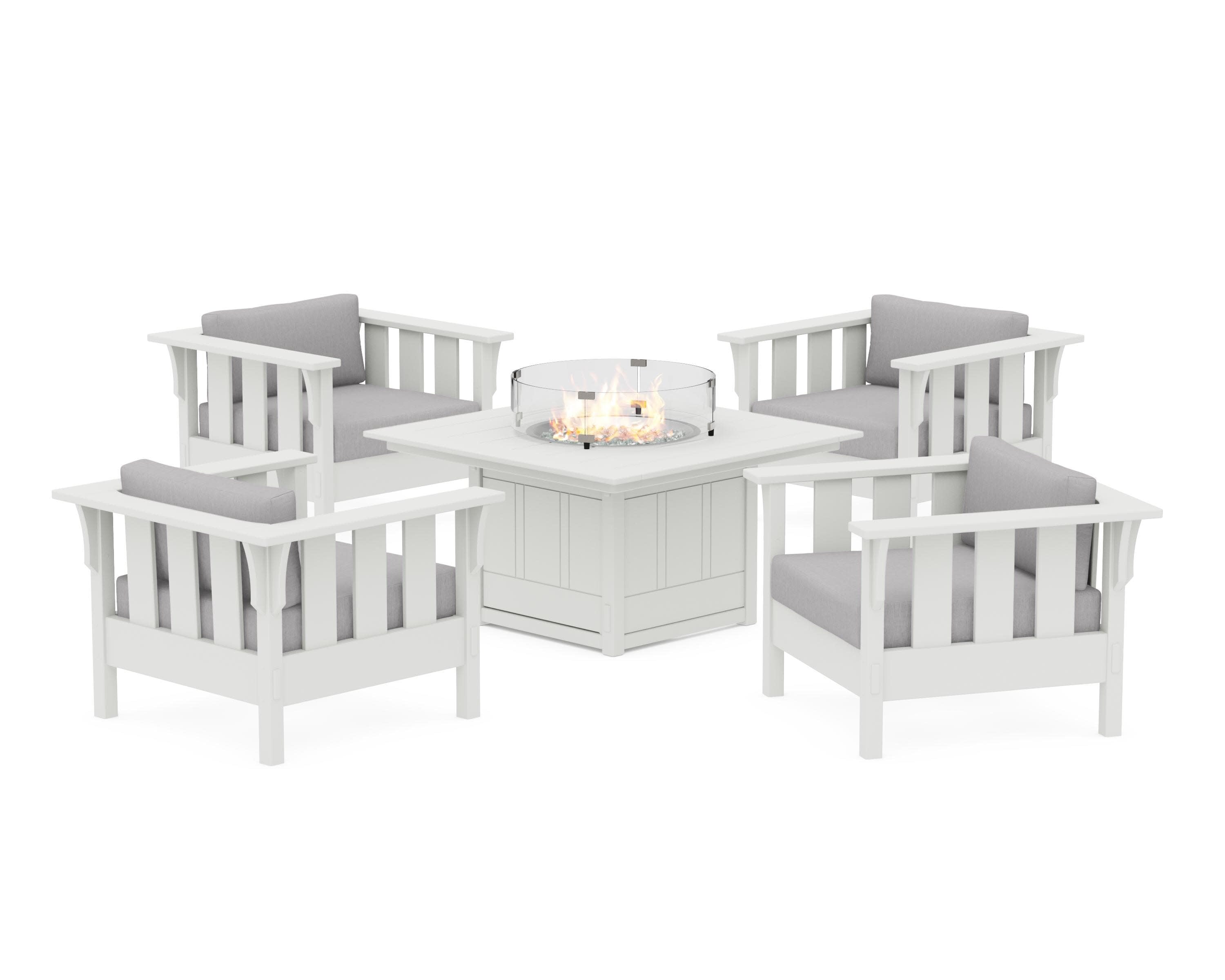 Acadia 5-Piece Deep Seating Set with Fire Pit Table in White / Granite