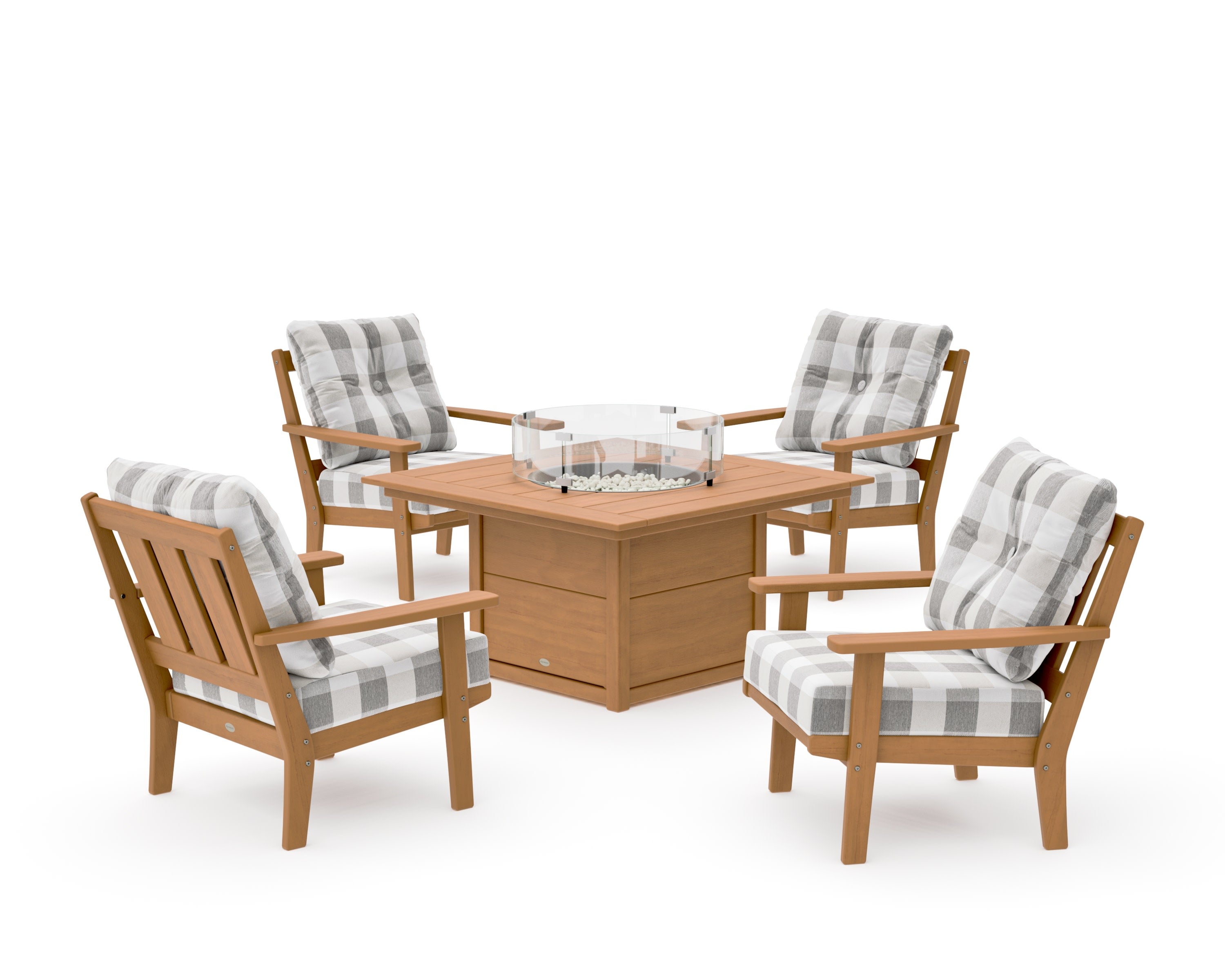 Oxford 5-Piece Deep Seating Set with Fire Pit Table in Natural / Buffalo Plaid Grey Mist
