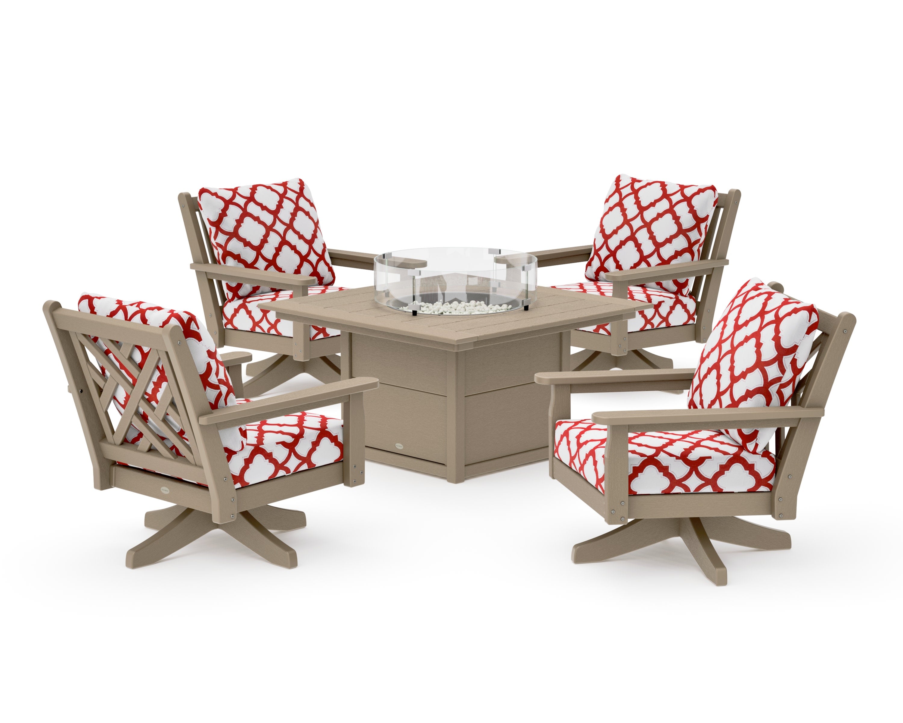 Chippendale 5-Piece Deep Seating Swivel Conversation Set with Fire Pit Table in Vintage Sahara / Trellis Crimson