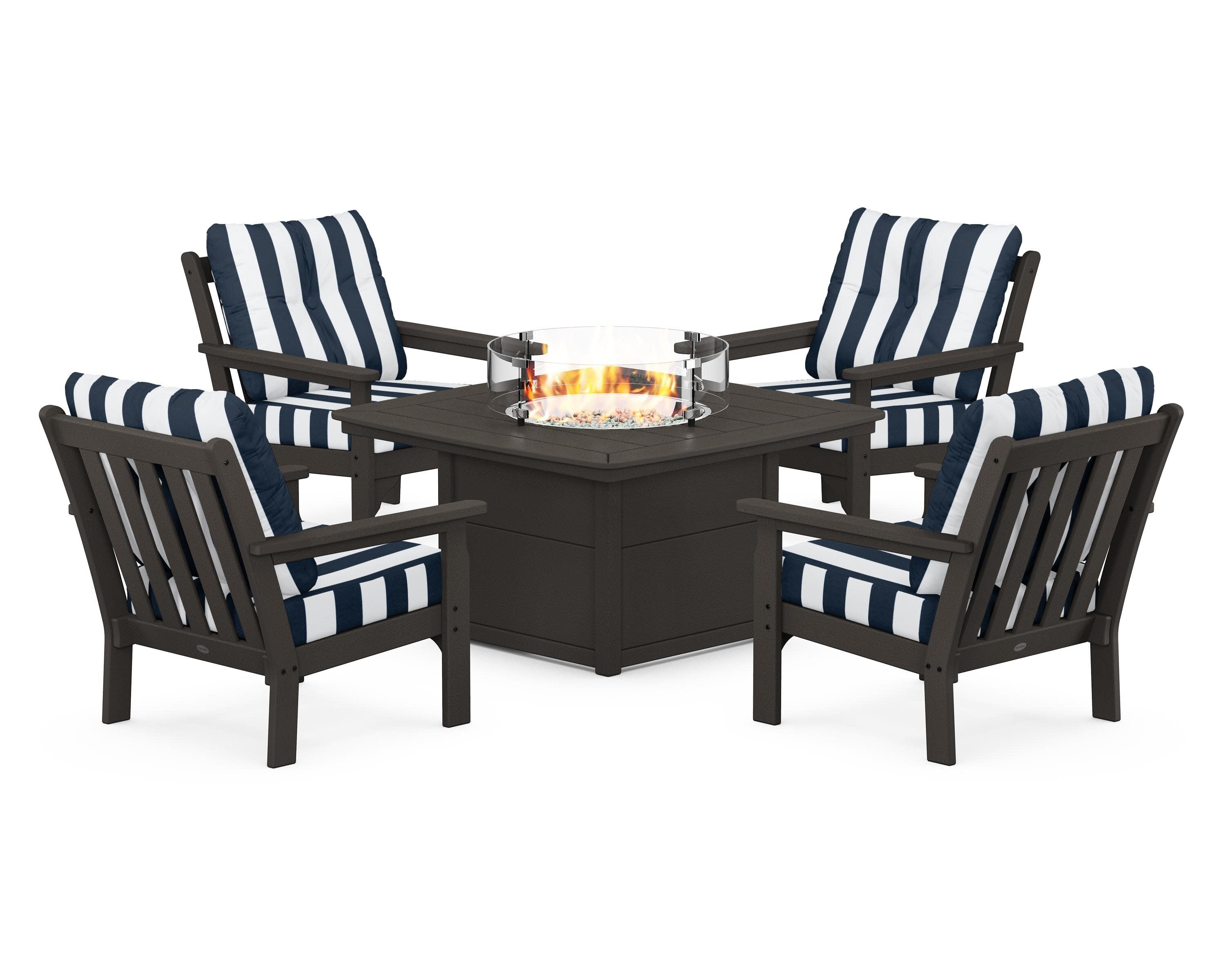 Vineyard 5-Piece Conversation Set with Fire Pit Table in Vintage Coffee / Cabana Stripe Marine Indigo